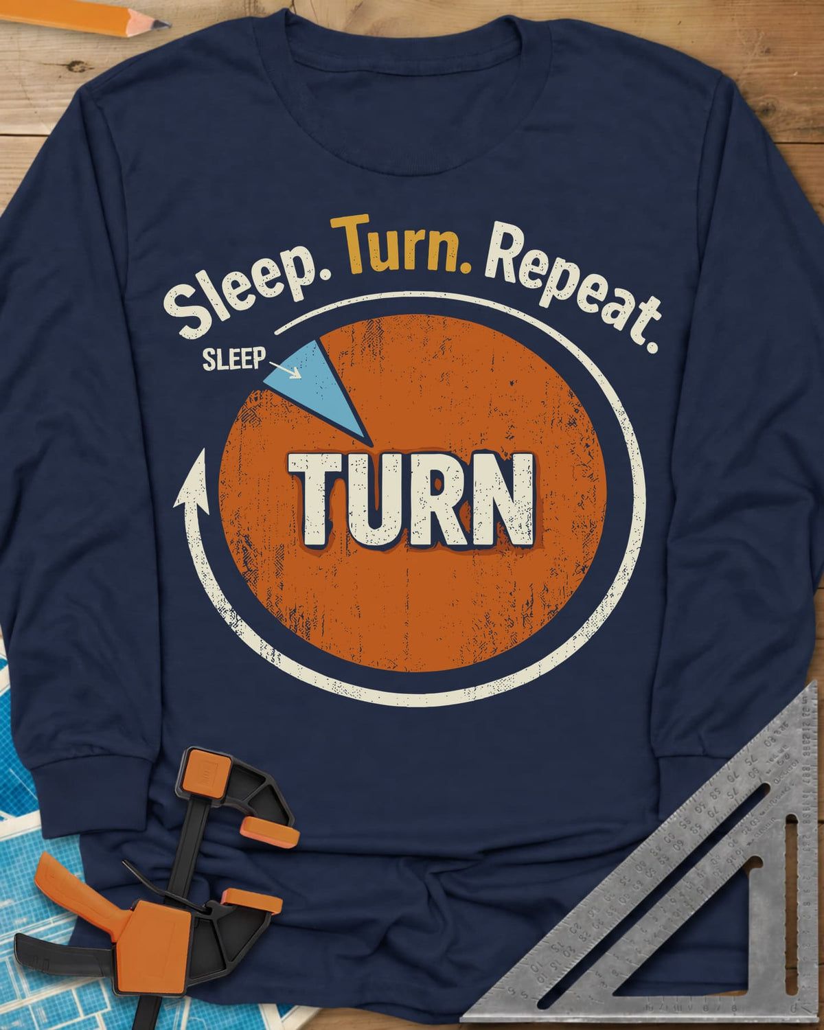 Sleep Turn Repeat long sleeve shirt in Navy, a pie chart that is almost all TURN with a sliver of SLEEP
