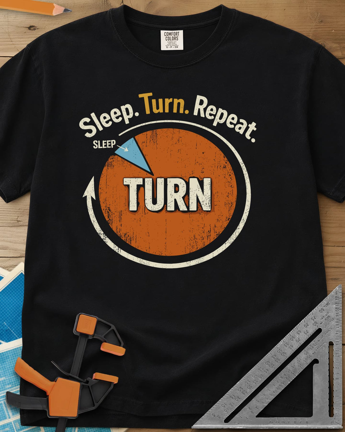 Sleep Turn Repeat heavyweight tee in Black, a pie chart that is almost all TURN with a sliver of SLEEP