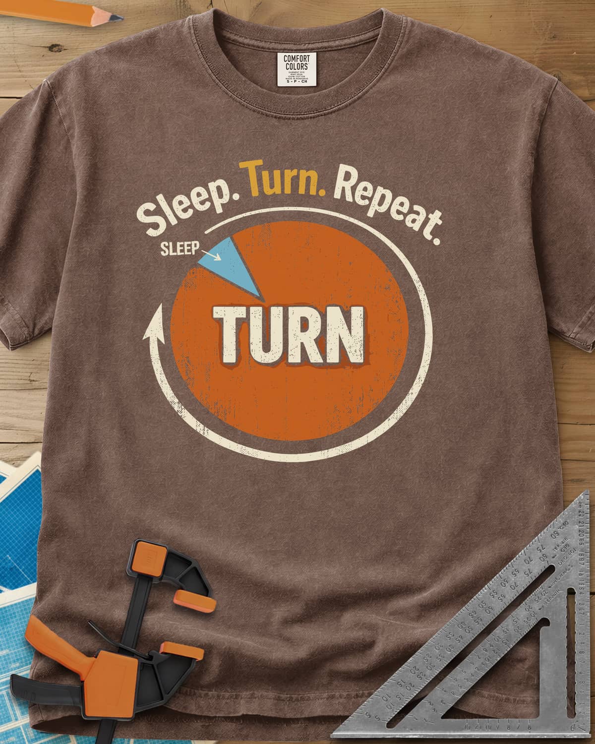Sleep Turn Repeat heavyweight tee in Espresso, a pie chart that is almost all TURN with a sliver of SLEEP