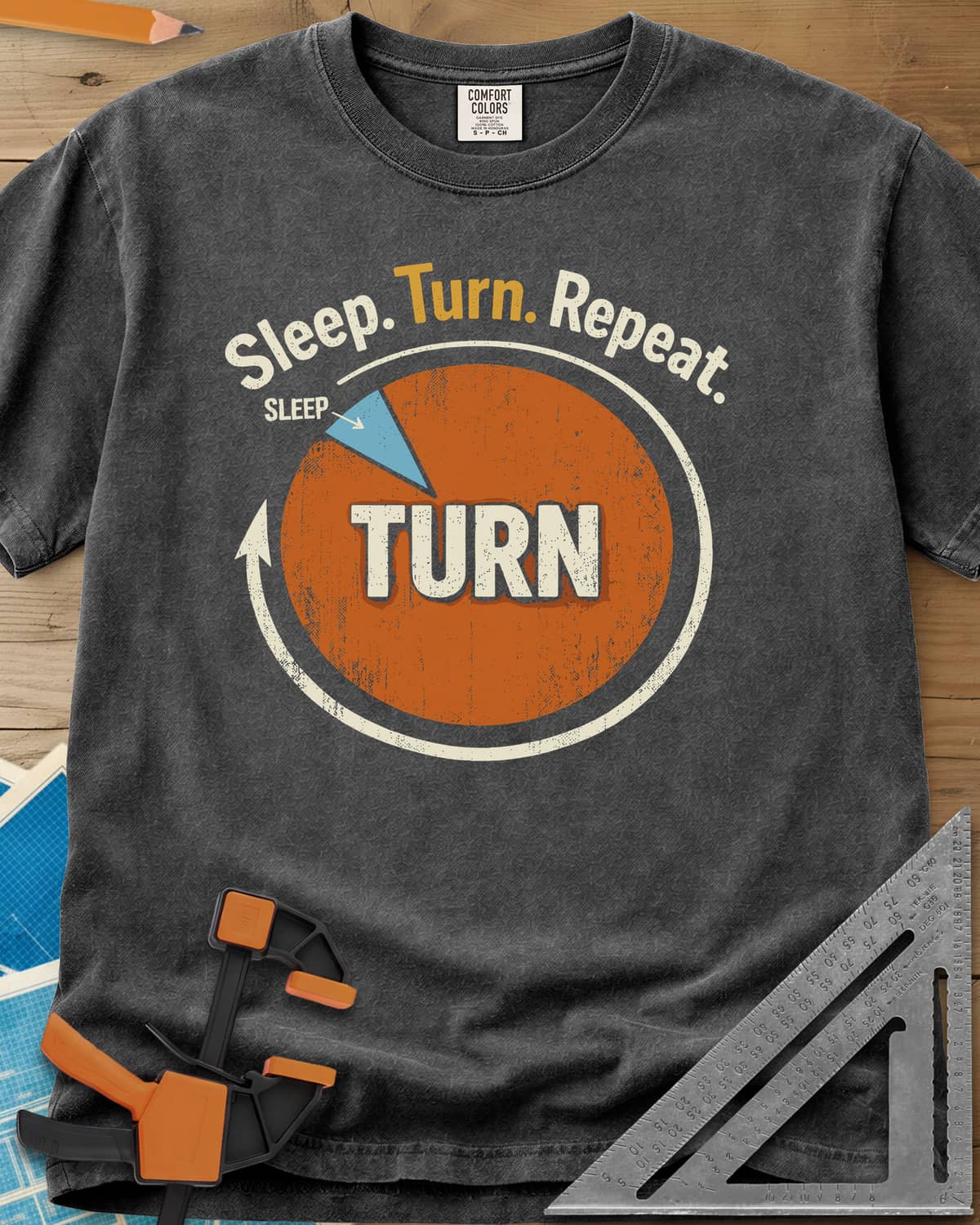 Sleep Turn Repeat heavyweight tee in Pepper, a pie chart that is almost all TURN with a sliver of SLEEP