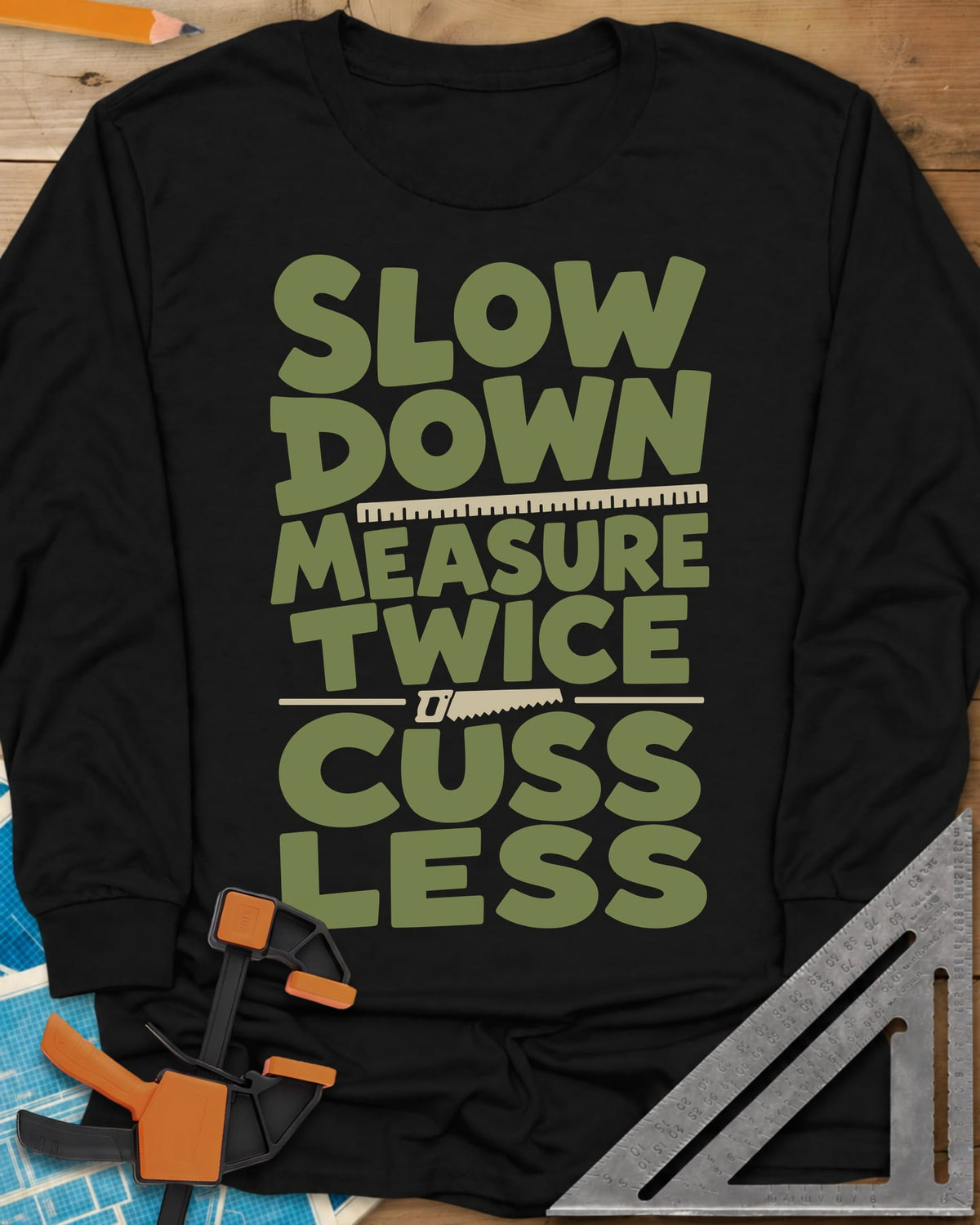 Slow Down Measure Twice long sleeve shirt in Black, stacked green letters with a ruler and a small handsaw between lines