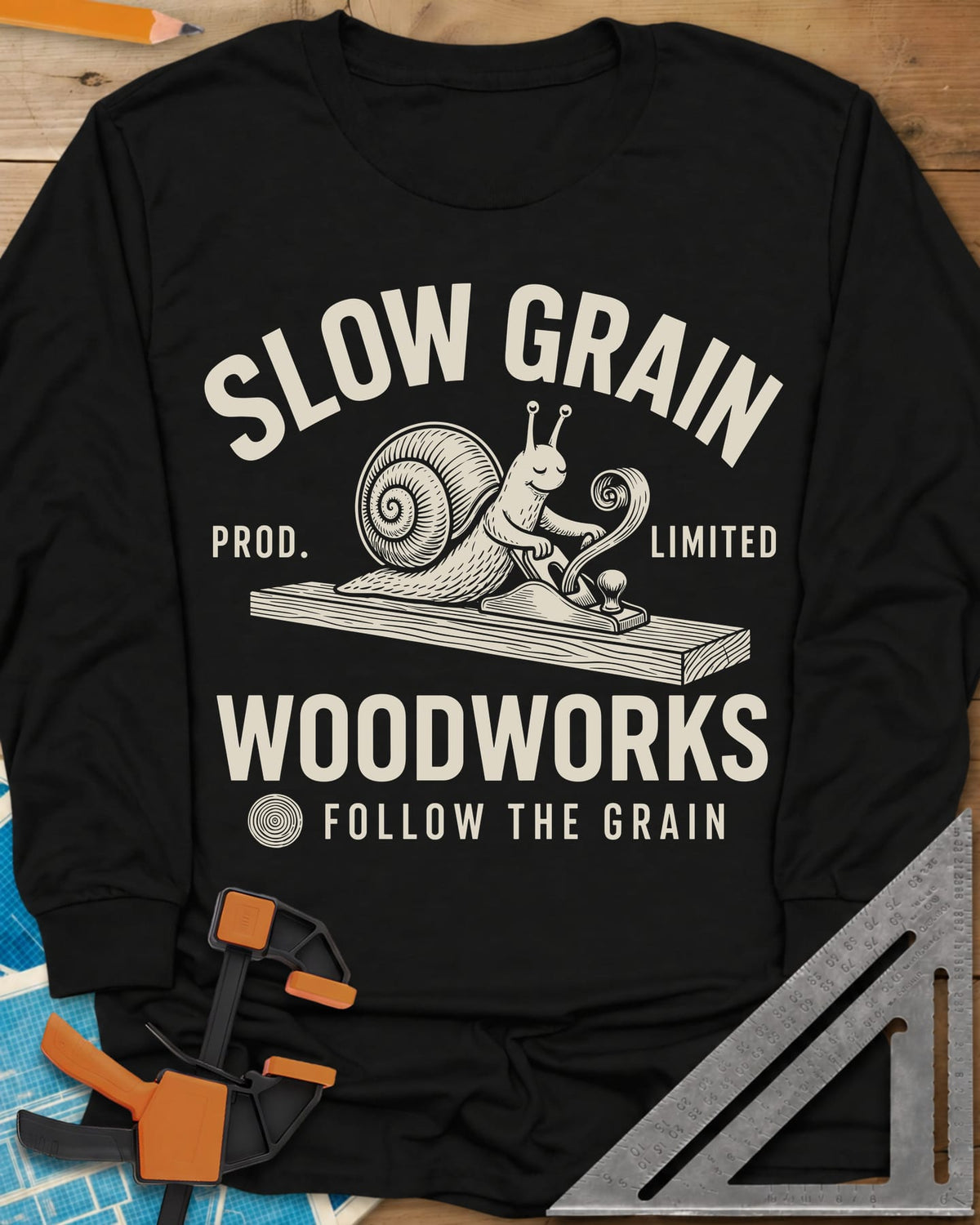 Slow Grain long sleeve shirt in Black, a smiling snail planing a plank, one curl of shaving rising