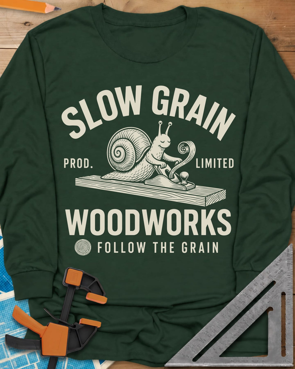 Slow Grain long sleeve shirt in Forest Green, a smiling snail planing a plank, one curl of shaving rising