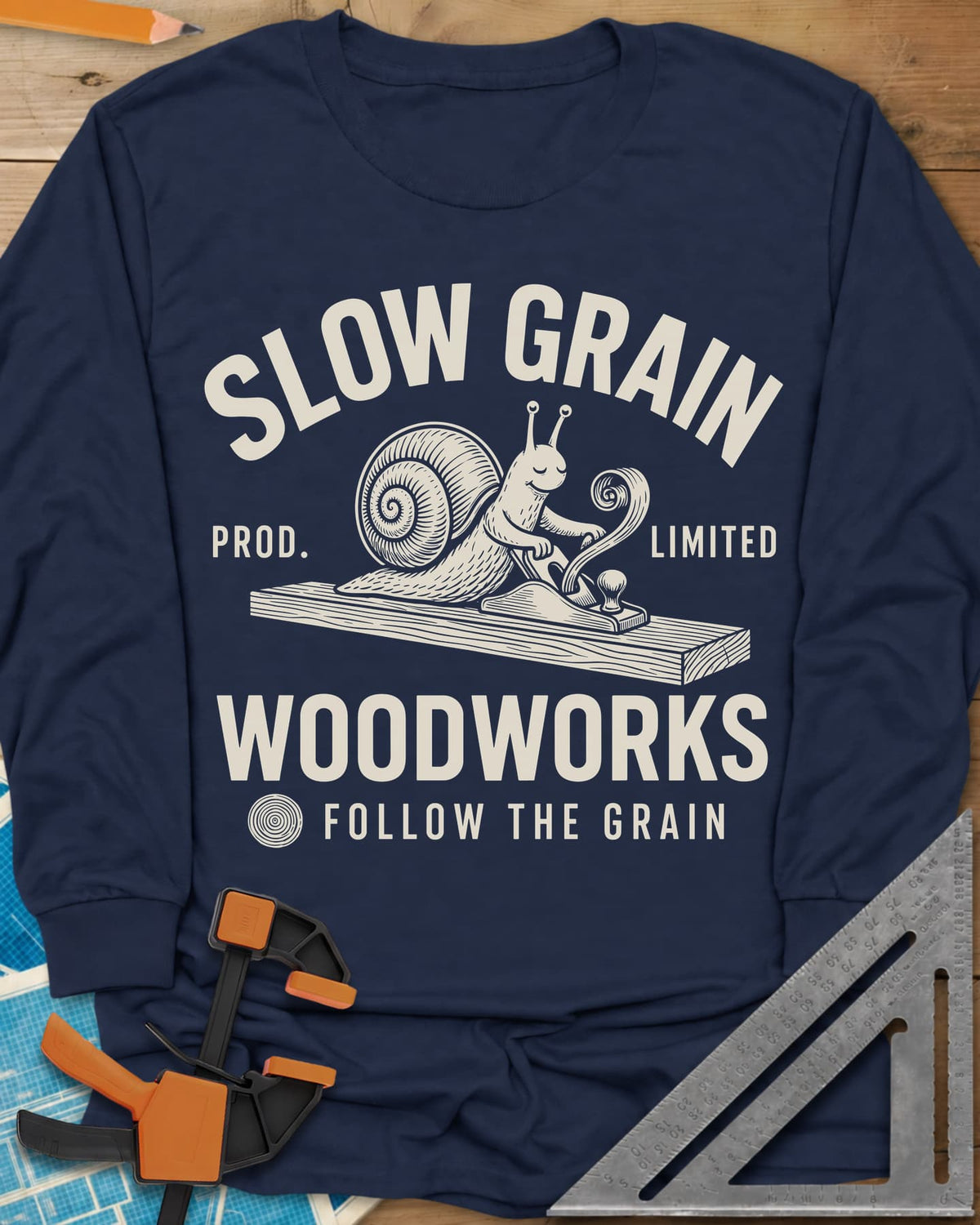 Slow Grain long sleeve shirt in Navy, a smiling snail planing a plank, one curl of shaving rising