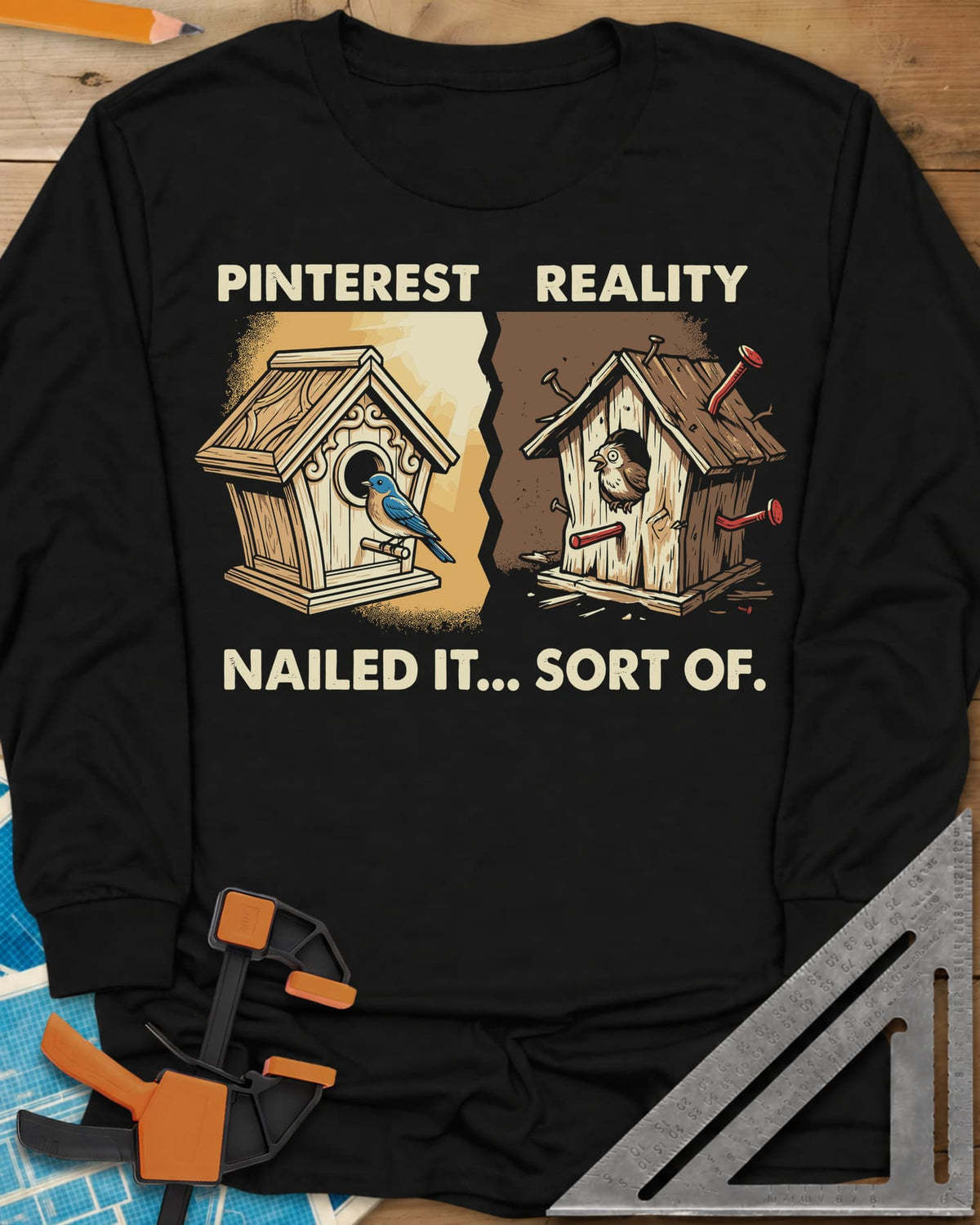Sort Of Nailed long sleeve shirt in Black, a neat birdhouse beside a crooked one bristling with bent nails
