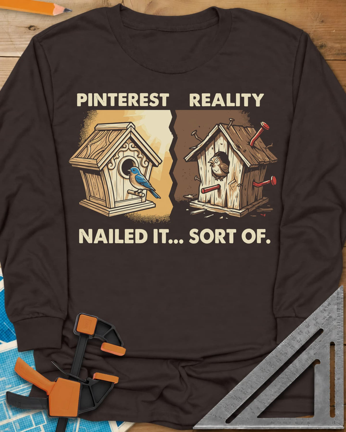 Sort Of Nailed long sleeve shirt in Dark Chocolate, a neat birdhouse beside a crooked one bristling with bent nails
