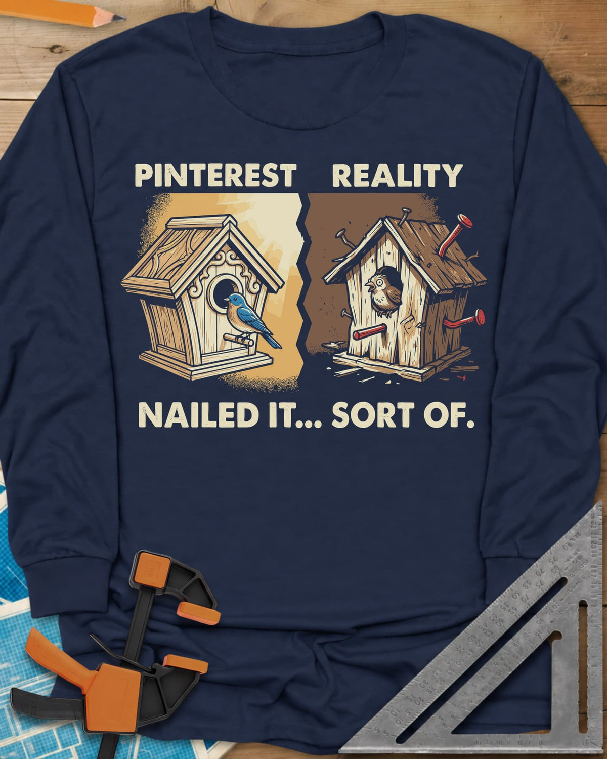 Sort Of Nailed long sleeve shirt in Navy, a neat birdhouse beside a crooked one bristling with bent nails