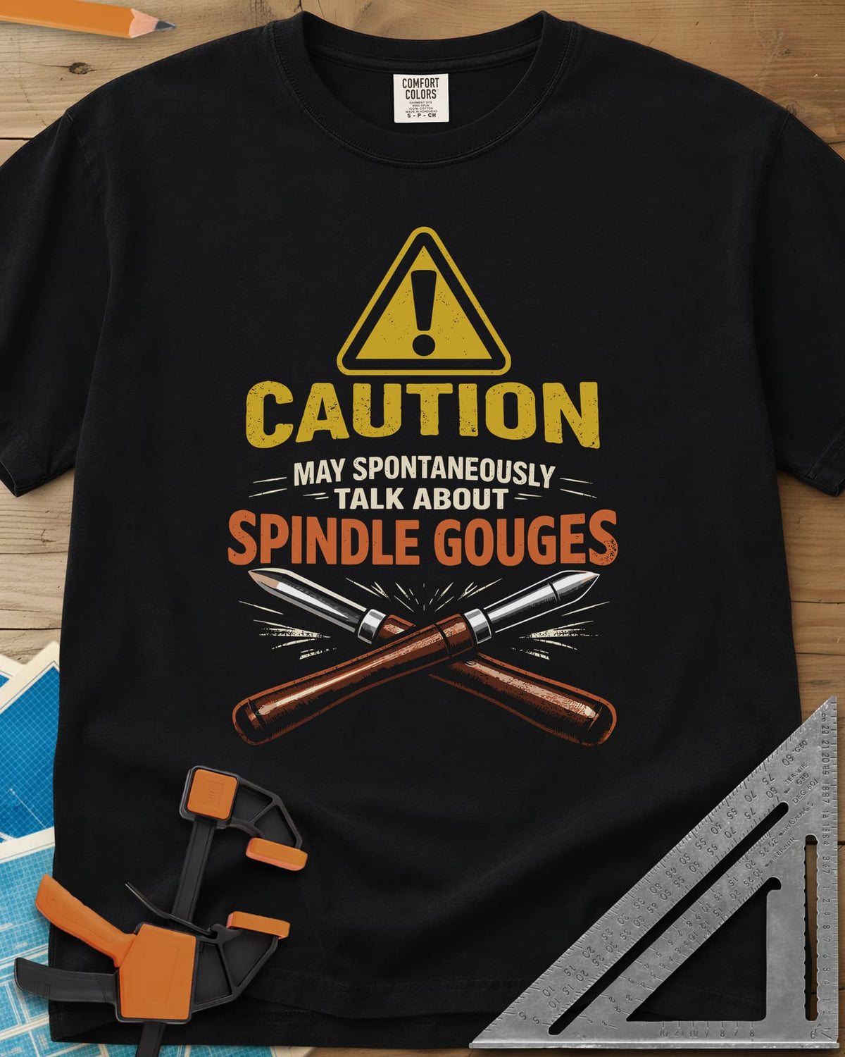 Spindle Gouges heavyweight tee in Black, a hazard triangle above two crossed spindle gouges