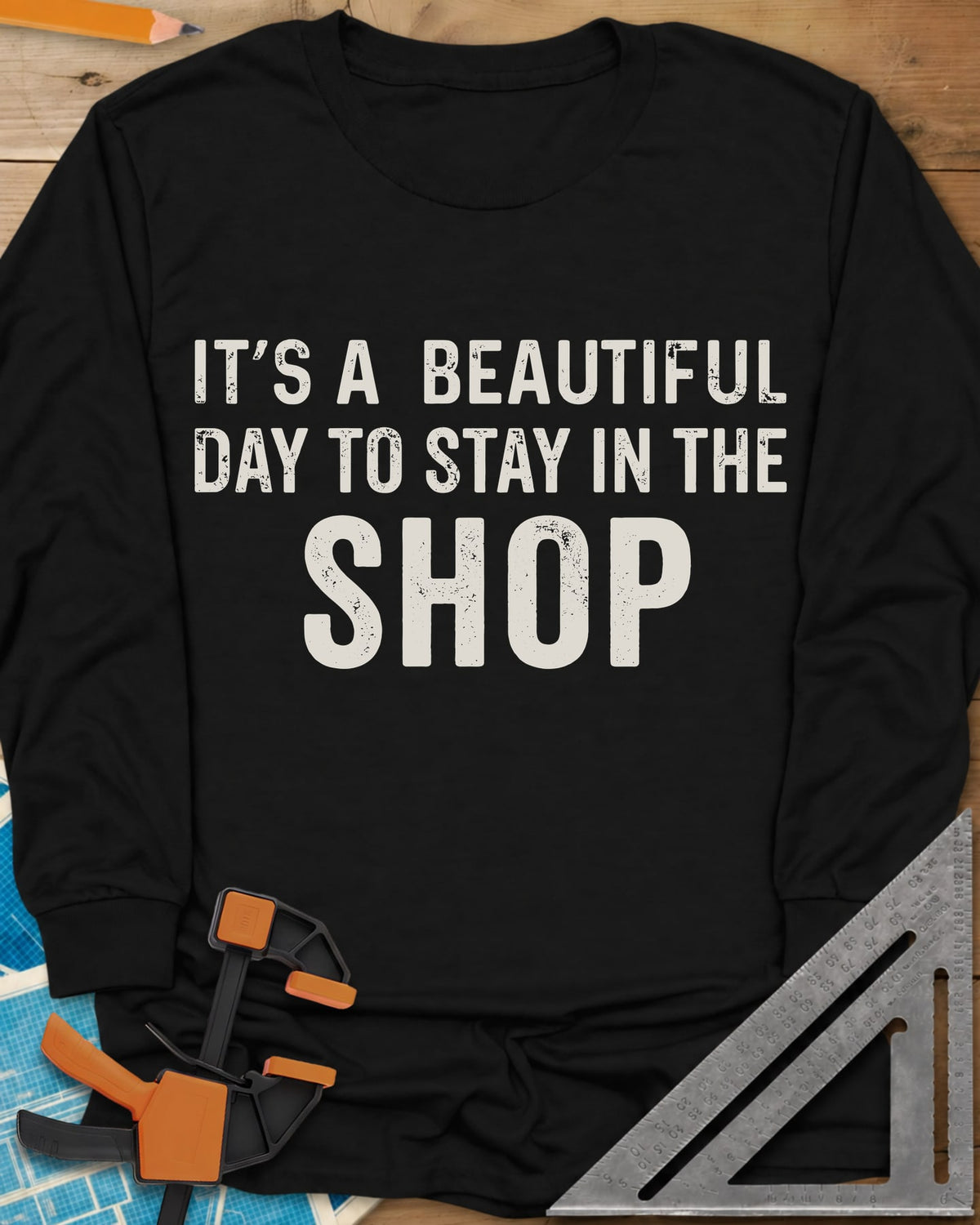 Stay In The Shop long sleeve shirt in Black, distressed lettering with the word SHOP set extra large