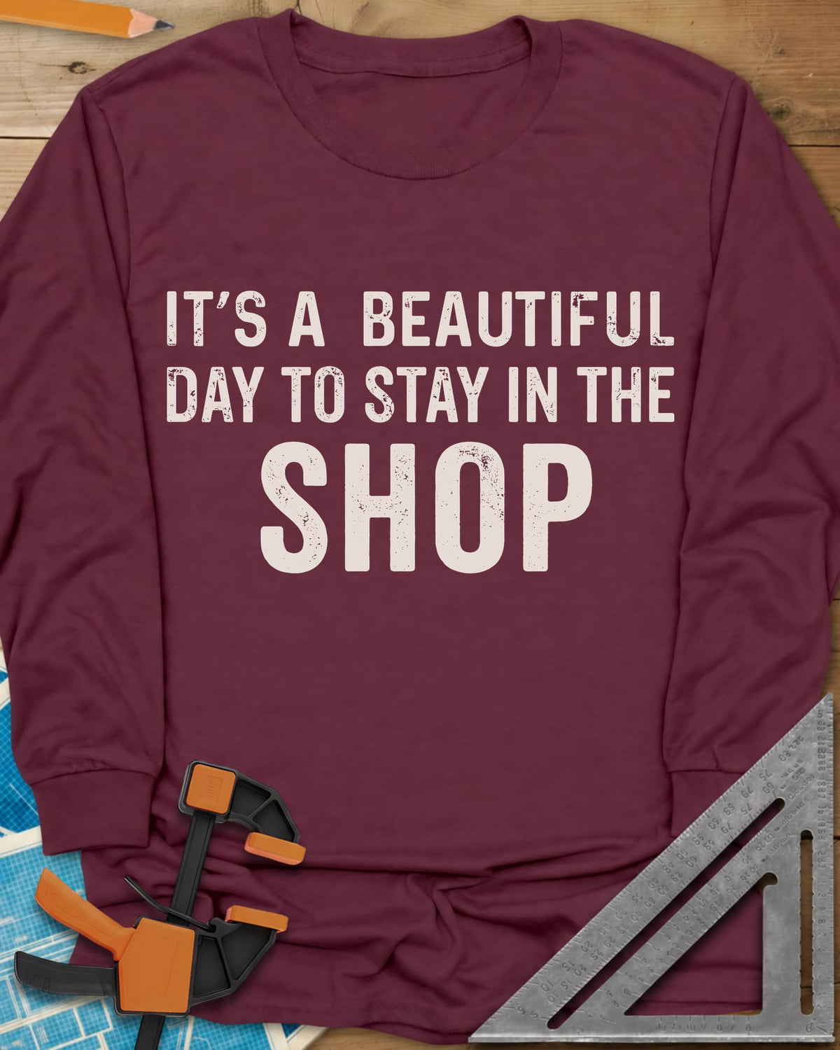 Stay In The Shop long sleeve shirt in Maroon, distressed lettering with the word SHOP set extra large