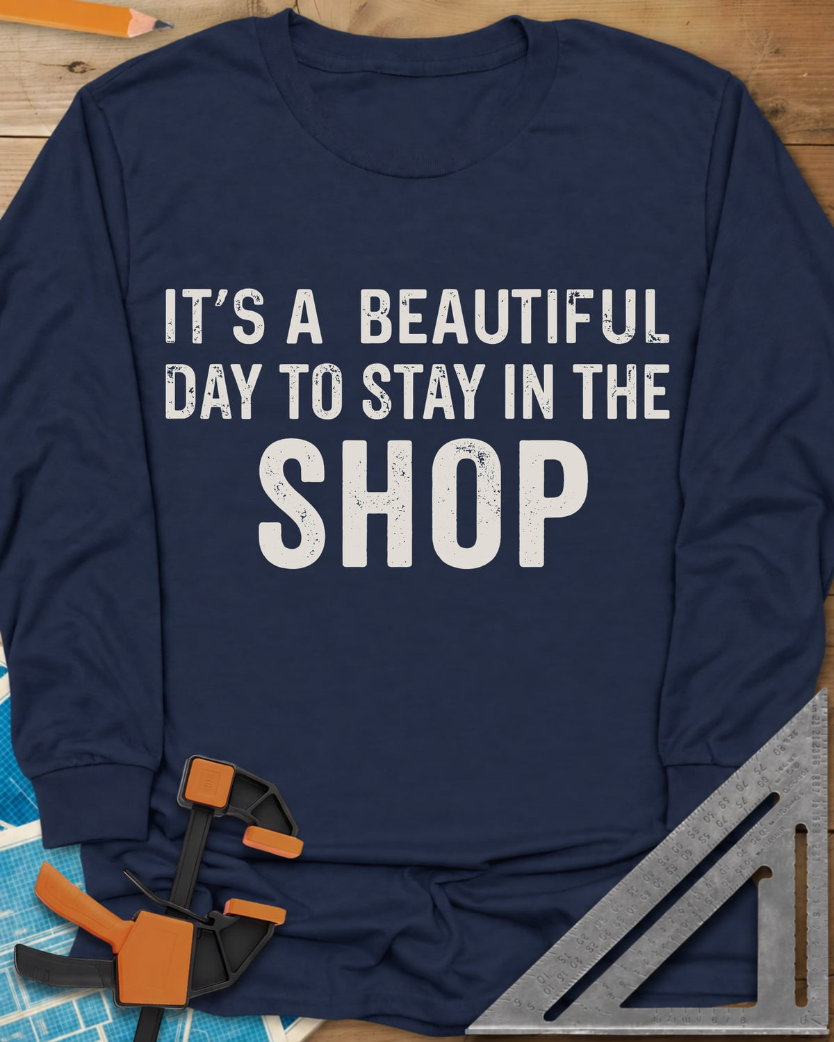 Stay In The Shop long sleeve shirt in Navy, distressed lettering with the word SHOP set extra large