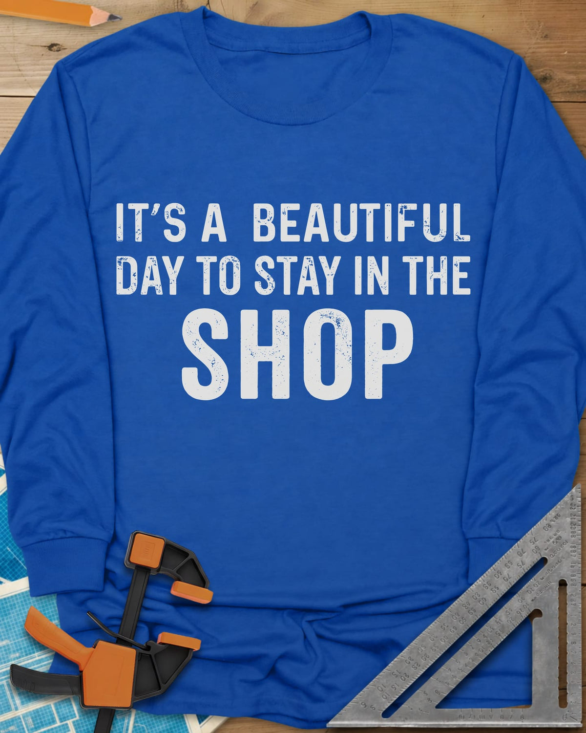 Stay In The Shop long sleeve shirt in Royal, distressed lettering with the word SHOP set extra large