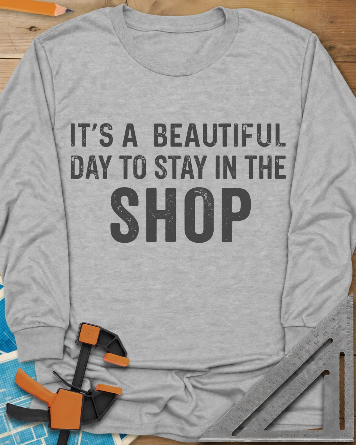 Stay In The Shop long sleeve shirt in Sport Grey, distressed lettering with the word SHOP set extra large