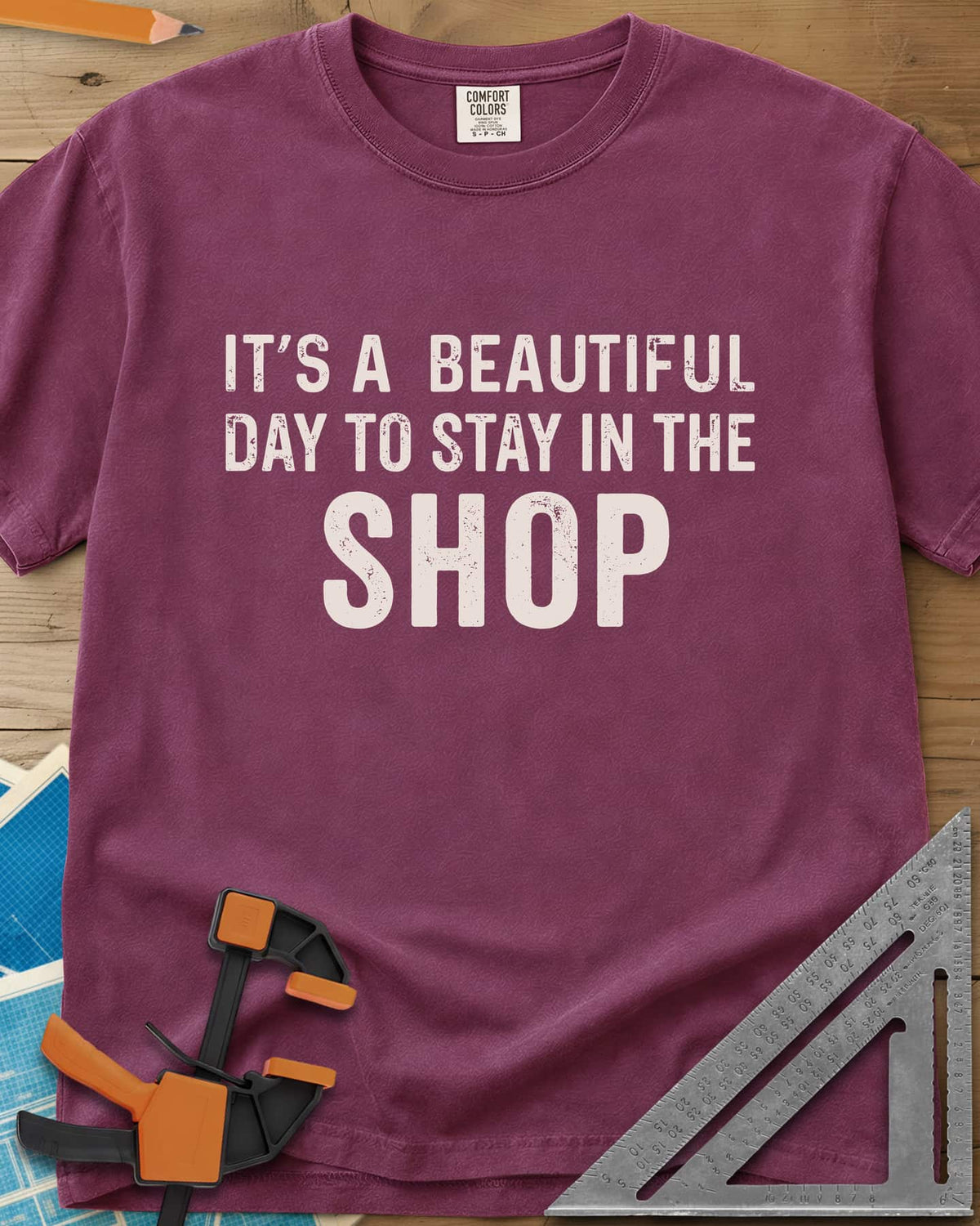 Stay In The Shop heavyweight tee in Berry, distressed lettering with the word SHOP set extra large