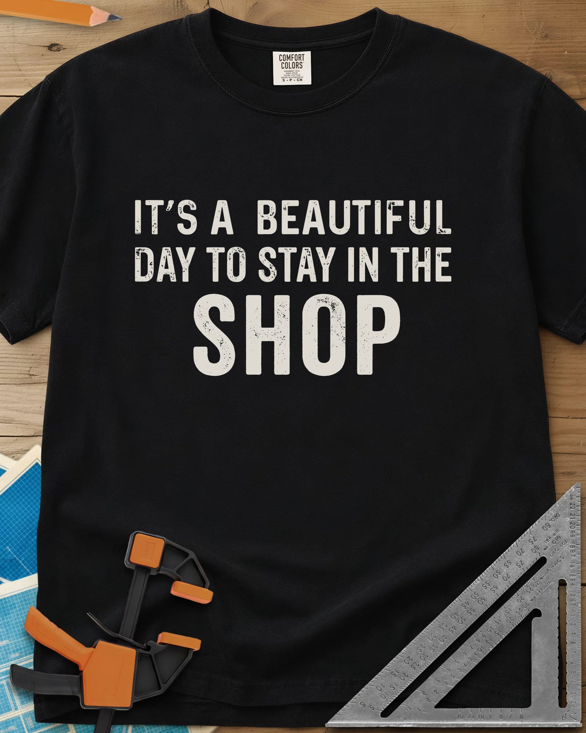 Stay In The Shop heavyweight tee in Black, distressed lettering with the word SHOP set extra large