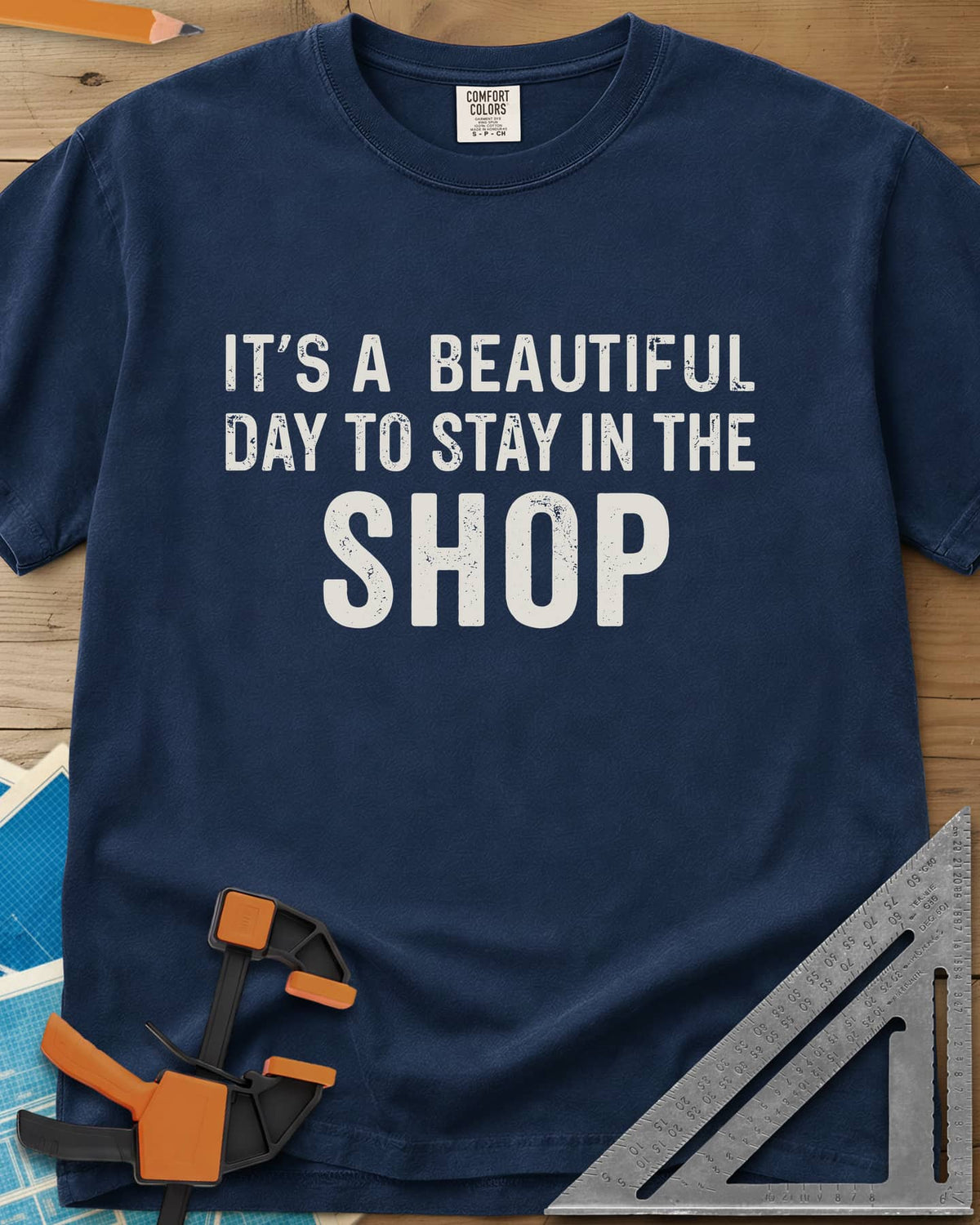 Stay In The Shop heavyweight tee in Navy, distressed lettering with the word SHOP set extra large