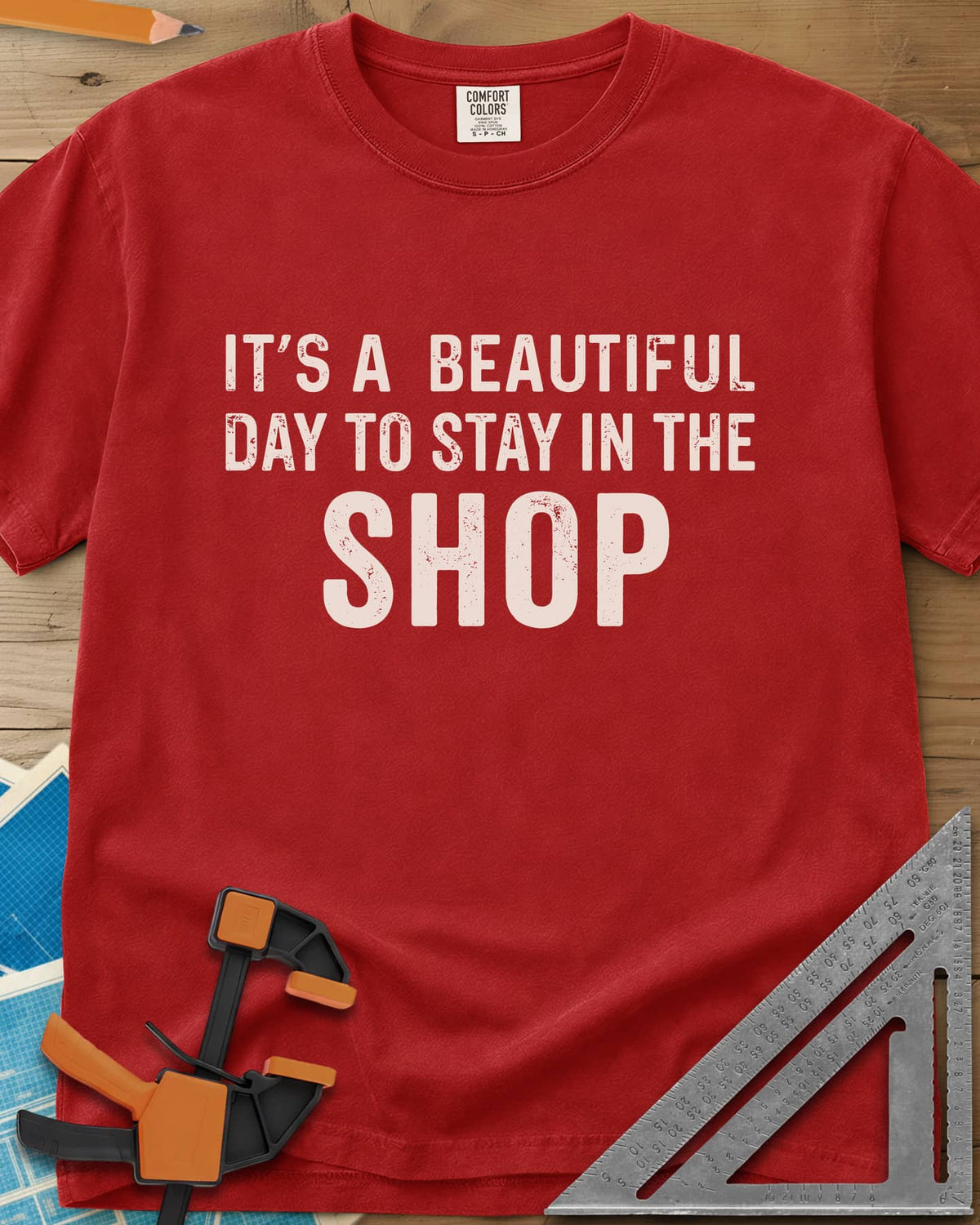 Stay In The Shop heavyweight tee in Red, distressed lettering with the word SHOP set extra large