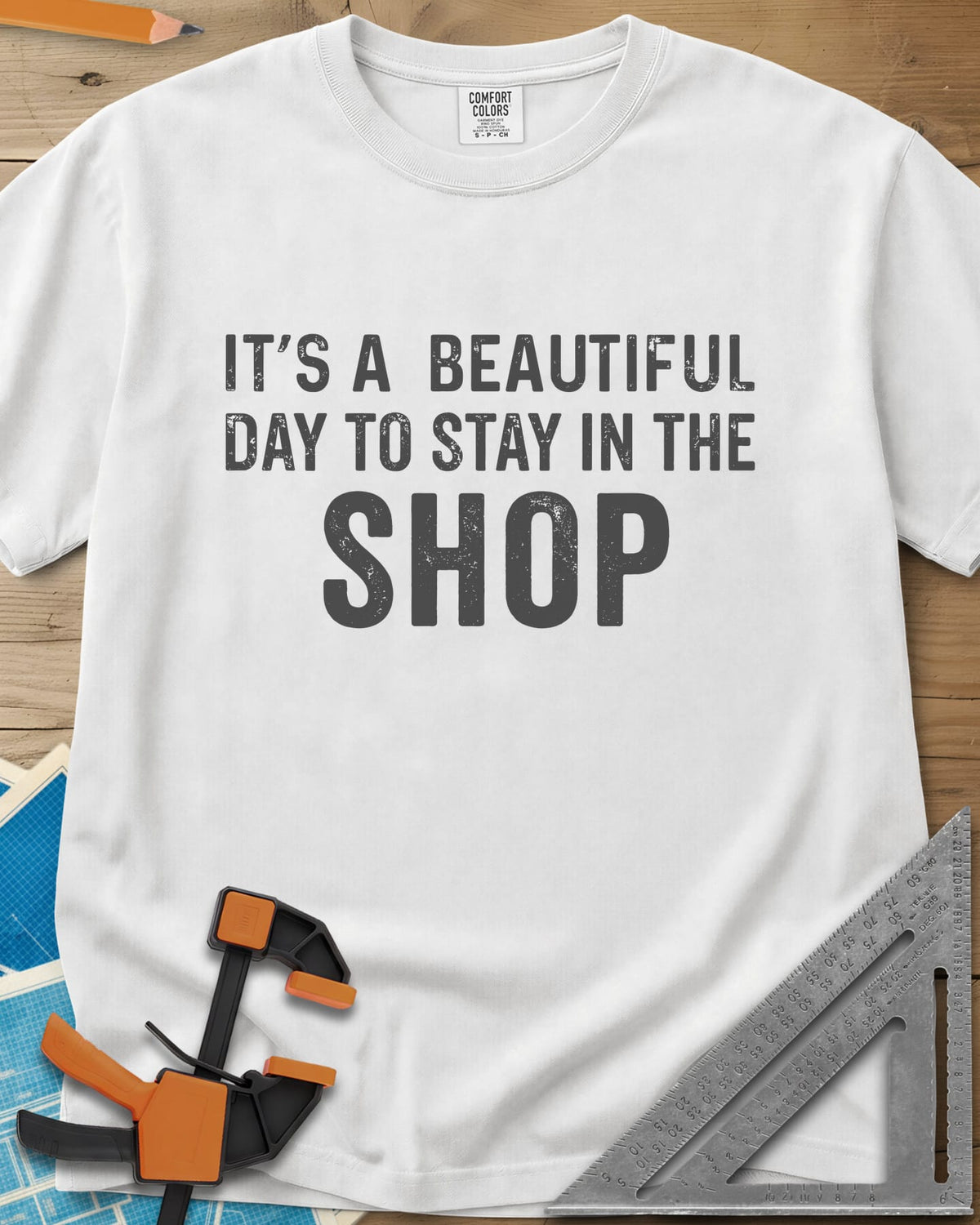 Stay In The Shop heavyweight tee in White, distressed lettering with the word SHOP set extra large