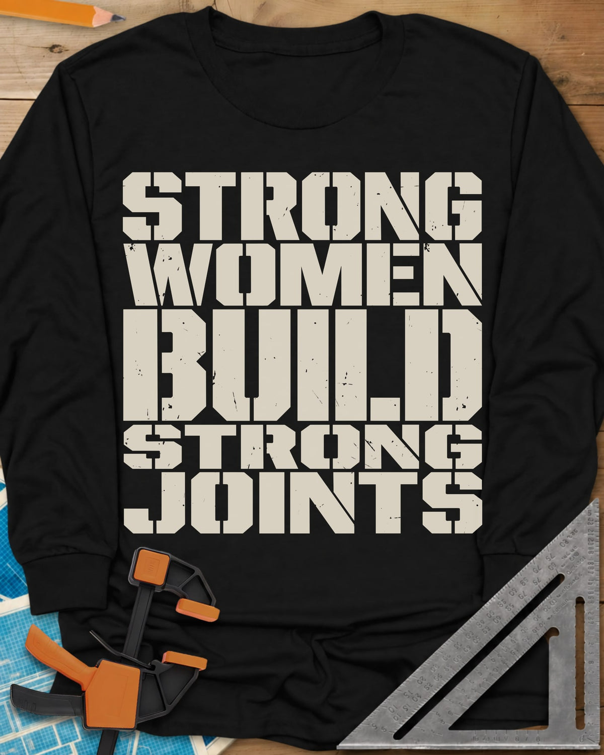 Strong Women long sleeve shirt in Black, five lines of stacked, worn stencil capitals