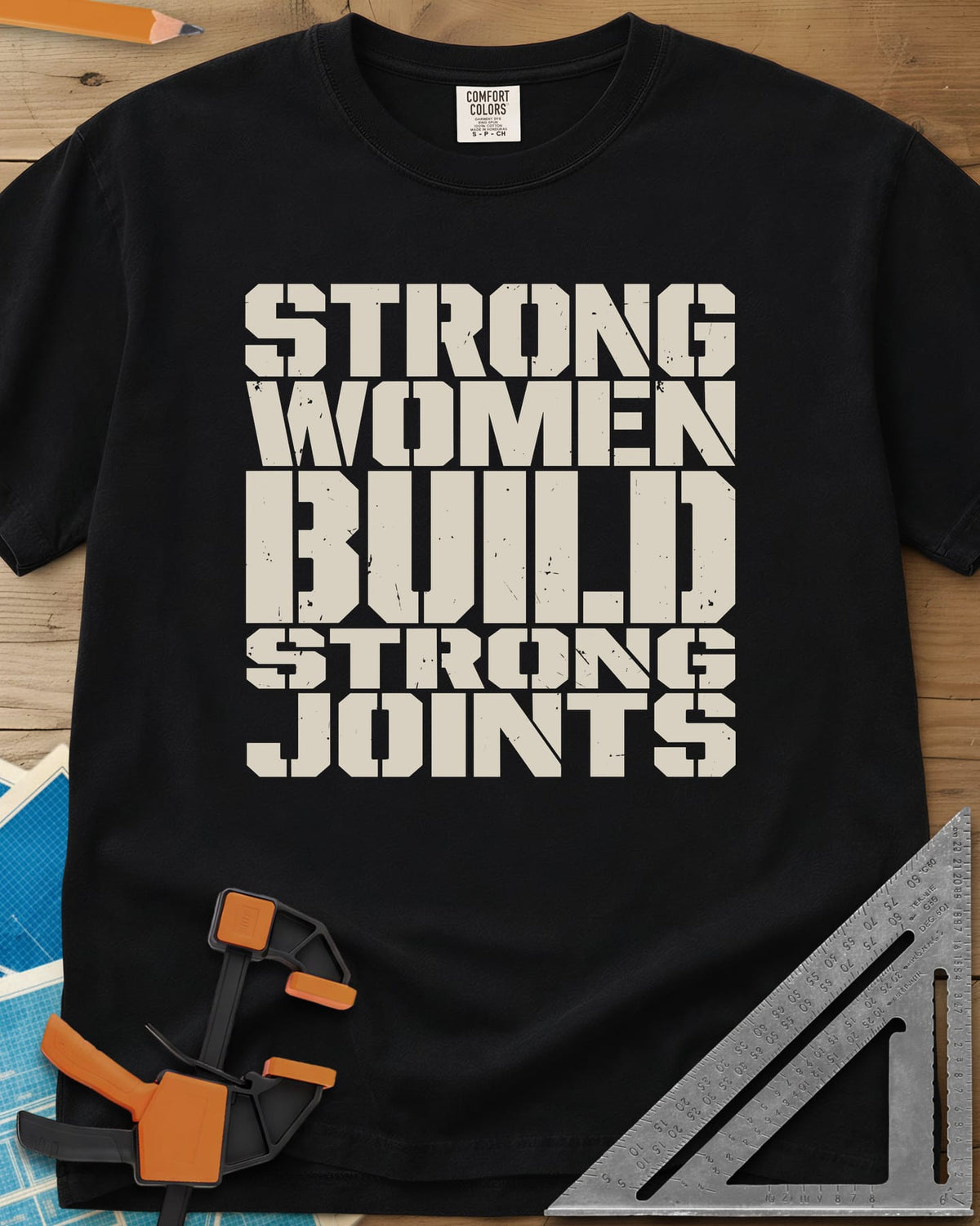 Strong Women heavyweight tee in Black, five lines of stacked, worn stencil capitals
