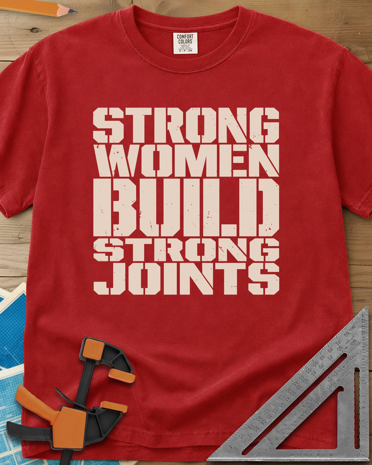 Strong Women heavyweight tee in Red, five lines of stacked, worn stencil capitals