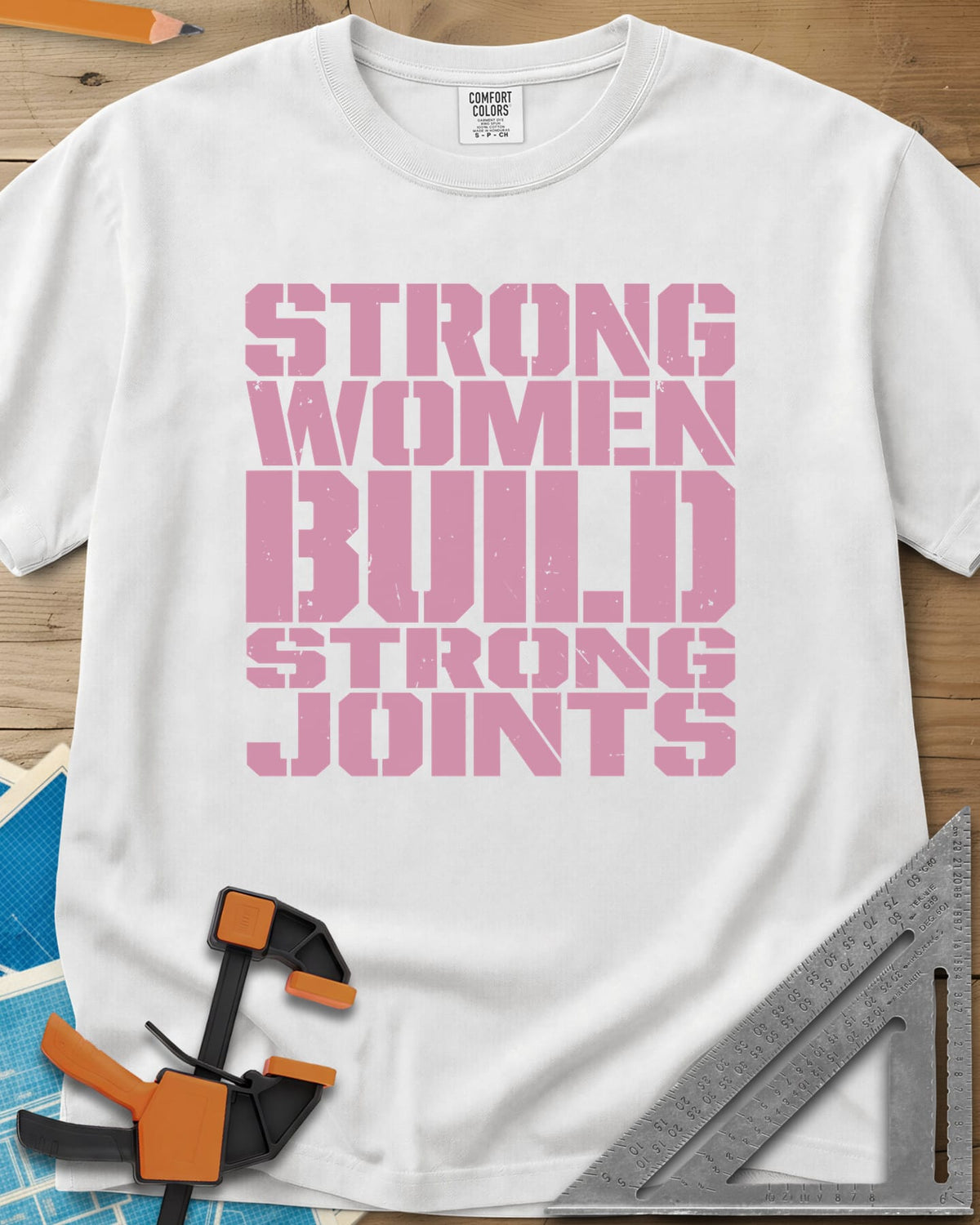 Strong Women heavyweight tee in White, five lines of stacked, worn stencil capitals