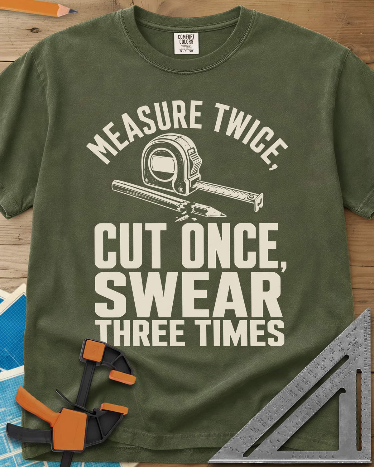 Swear Three Times heavyweight tee in Hemp, a tape measure and a pencil with a broken tip