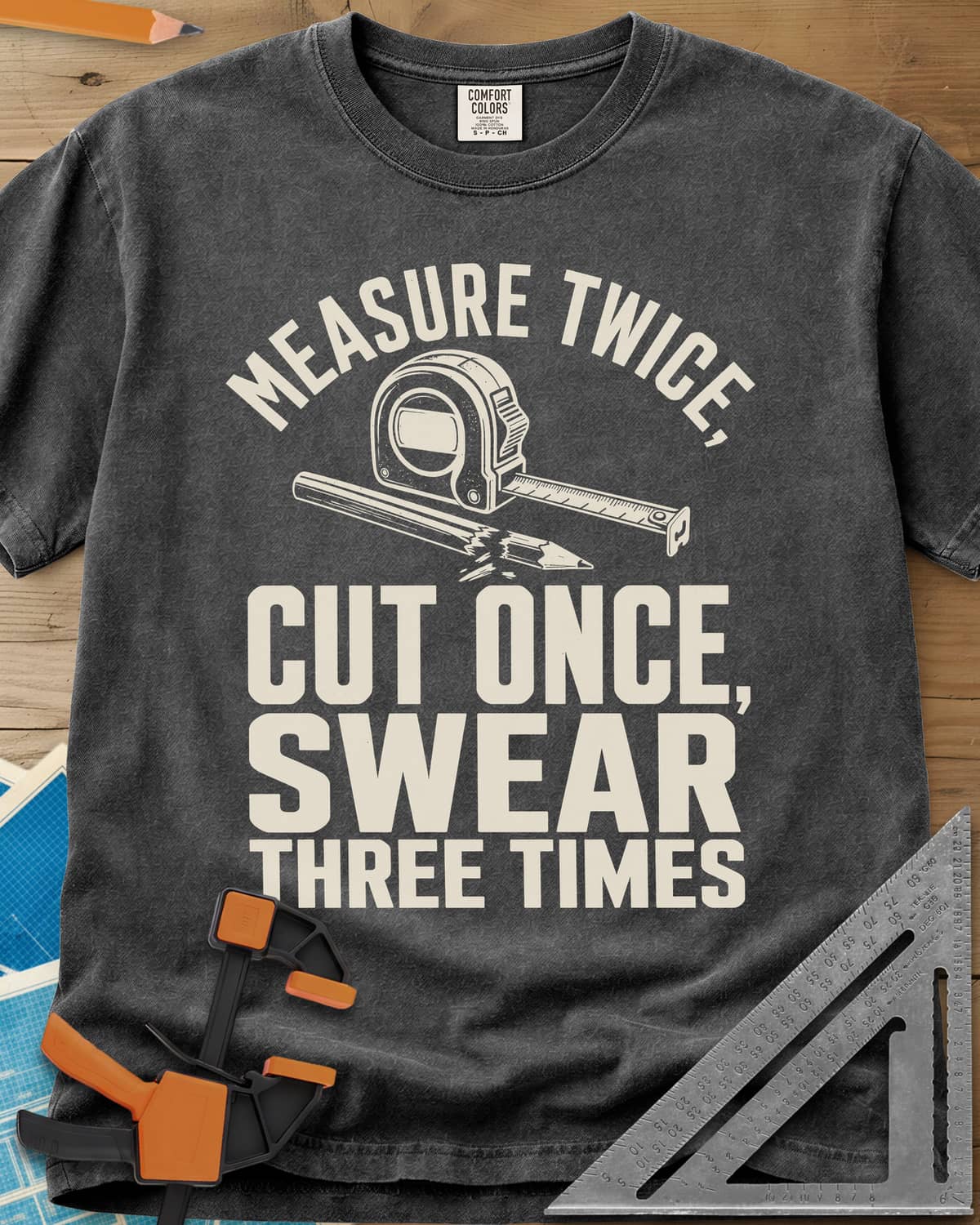 Swear Three Times heavyweight tee in Pepper, a tape measure and a pencil with a broken tip