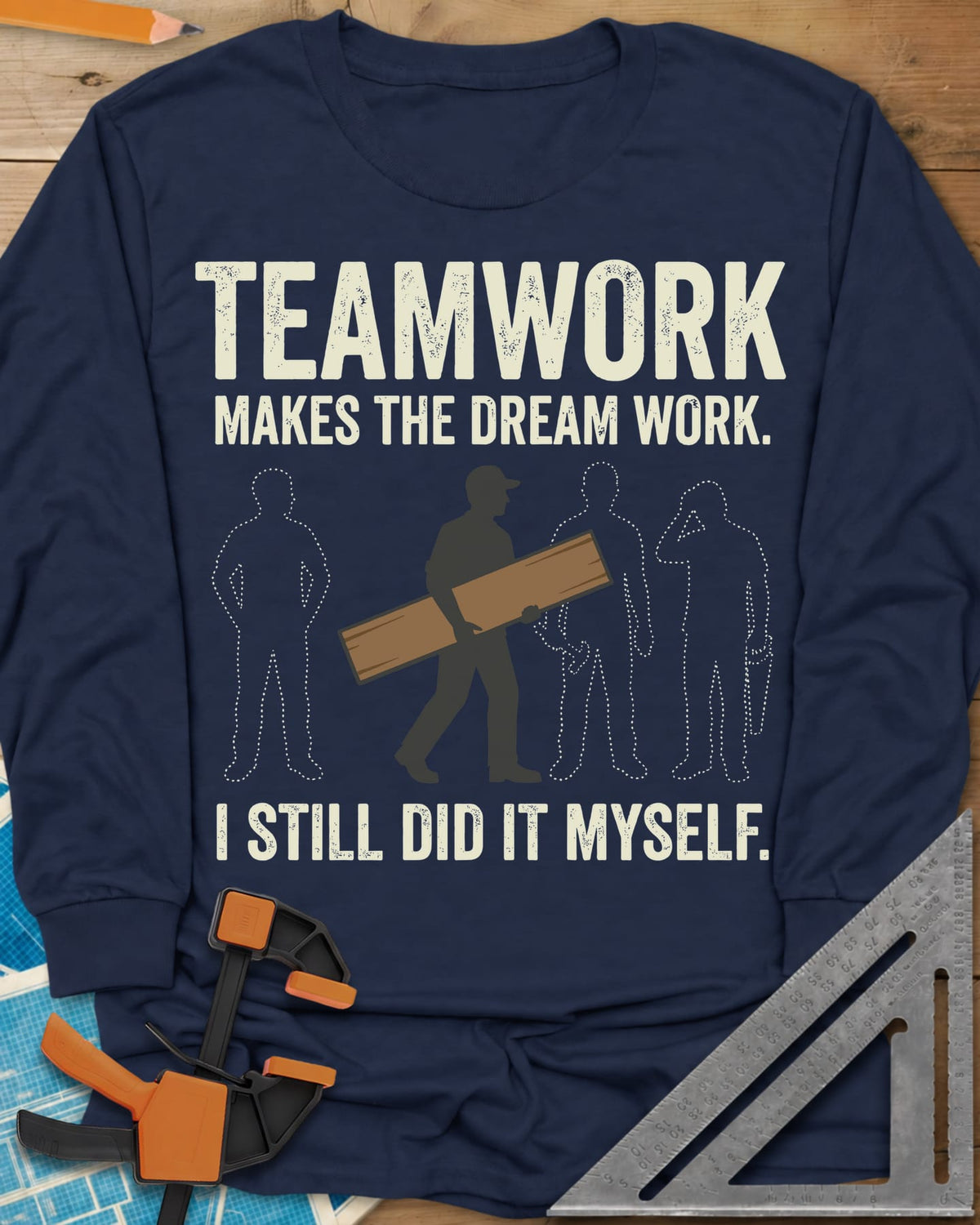 Teamwork I Did It Myself long sleeve shirt in Navy, a lone figure carrying a board past three dotted outlines