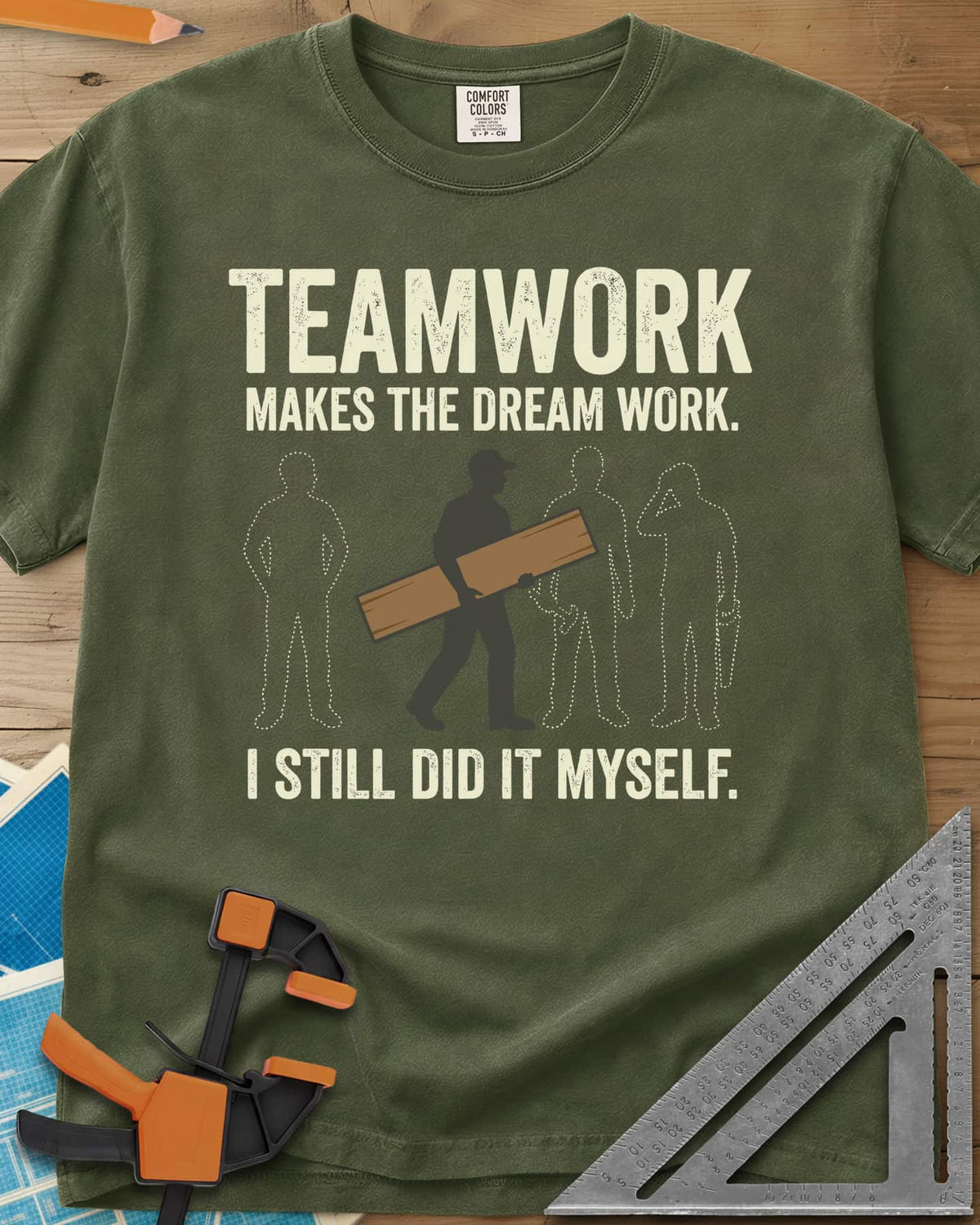 Teamwork I Did It Myself heavyweight tee in Hemp, a lone figure carrying a board past three dotted outlines