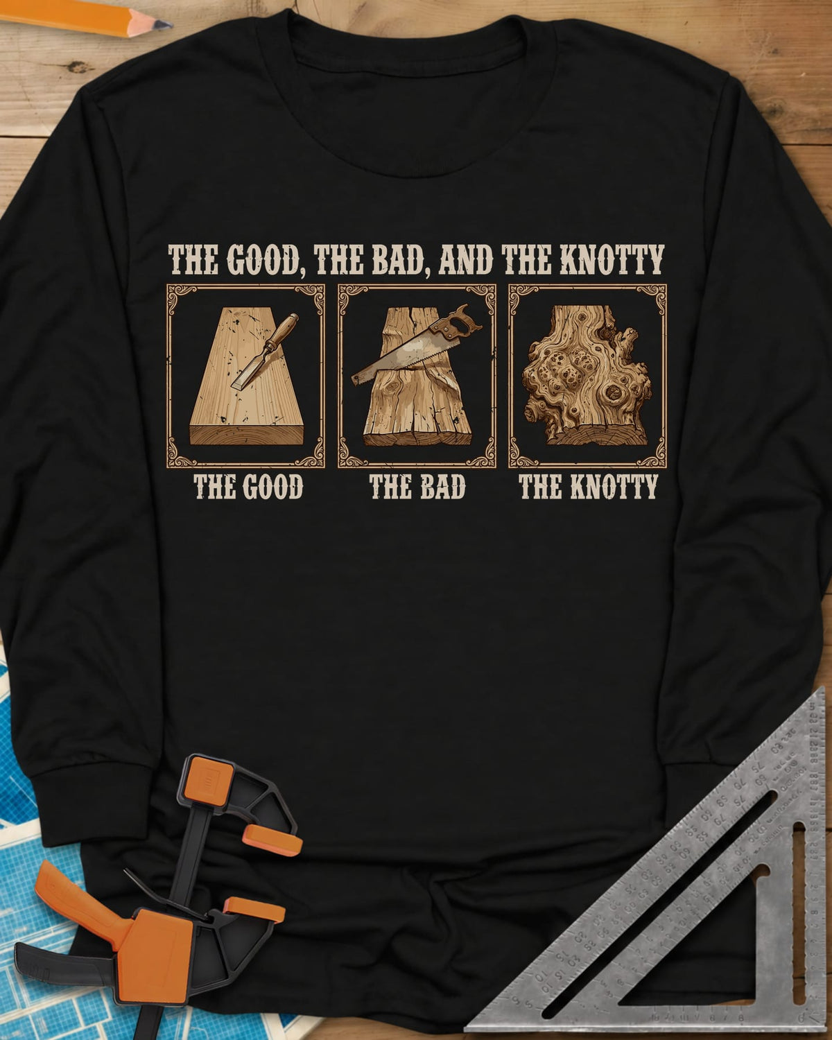 The Good, The Bad, And The Knotty long sleeve shirt in Black, three framed boards: a clean one, a rough one, a gnarled burl