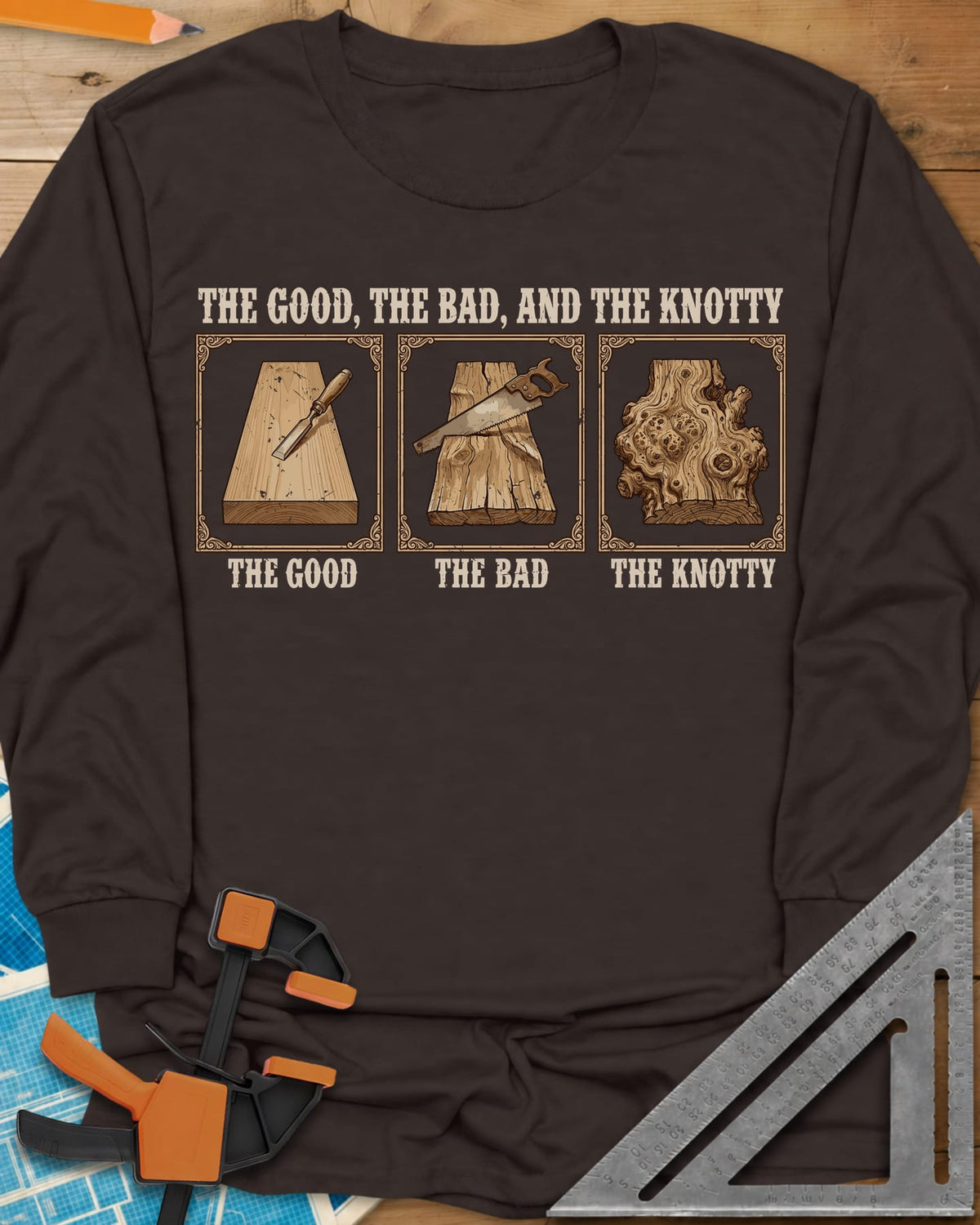 The Good, The Bad, And The Knotty long sleeve shirt in Dark Chocolate, three framed boards: a clean one, a rough one, a