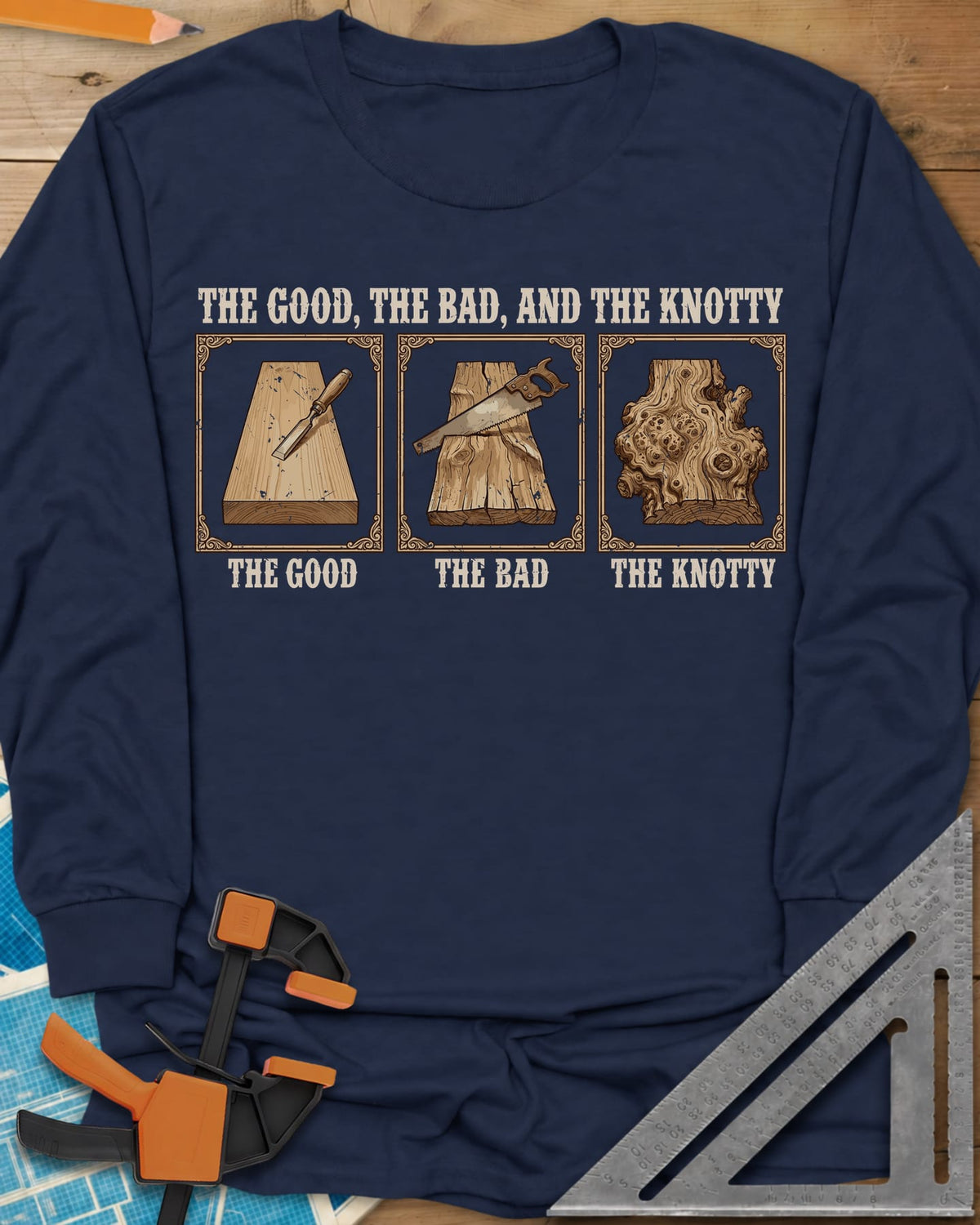 The Good, The Bad, And The Knotty long sleeve shirt in Navy, three framed boards: a clean one, a rough one, a gnarled burl