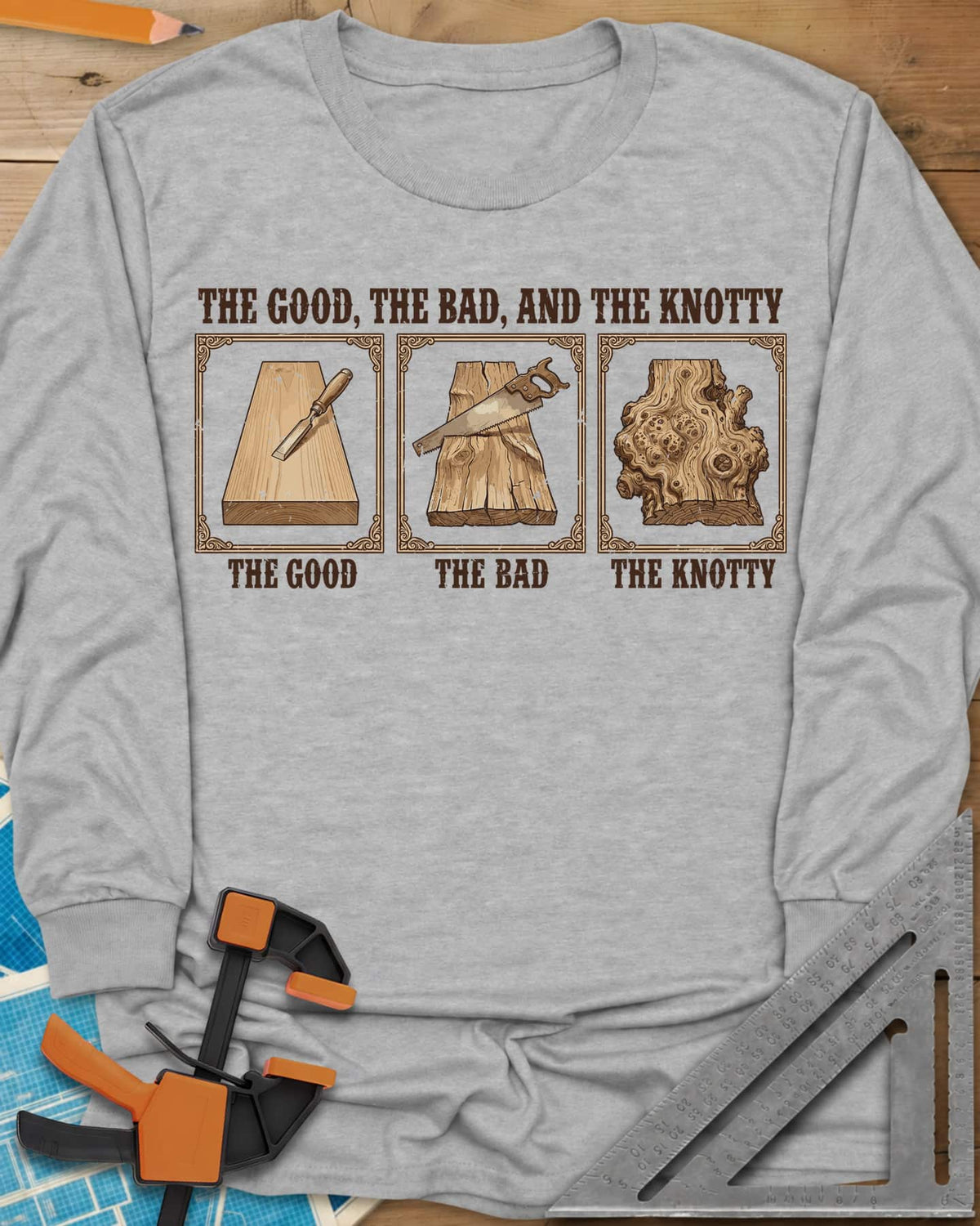 The Good, The Bad, And The Knotty long sleeve shirt in Sport Grey, three framed boards: a clean one, a rough one, a gnarled