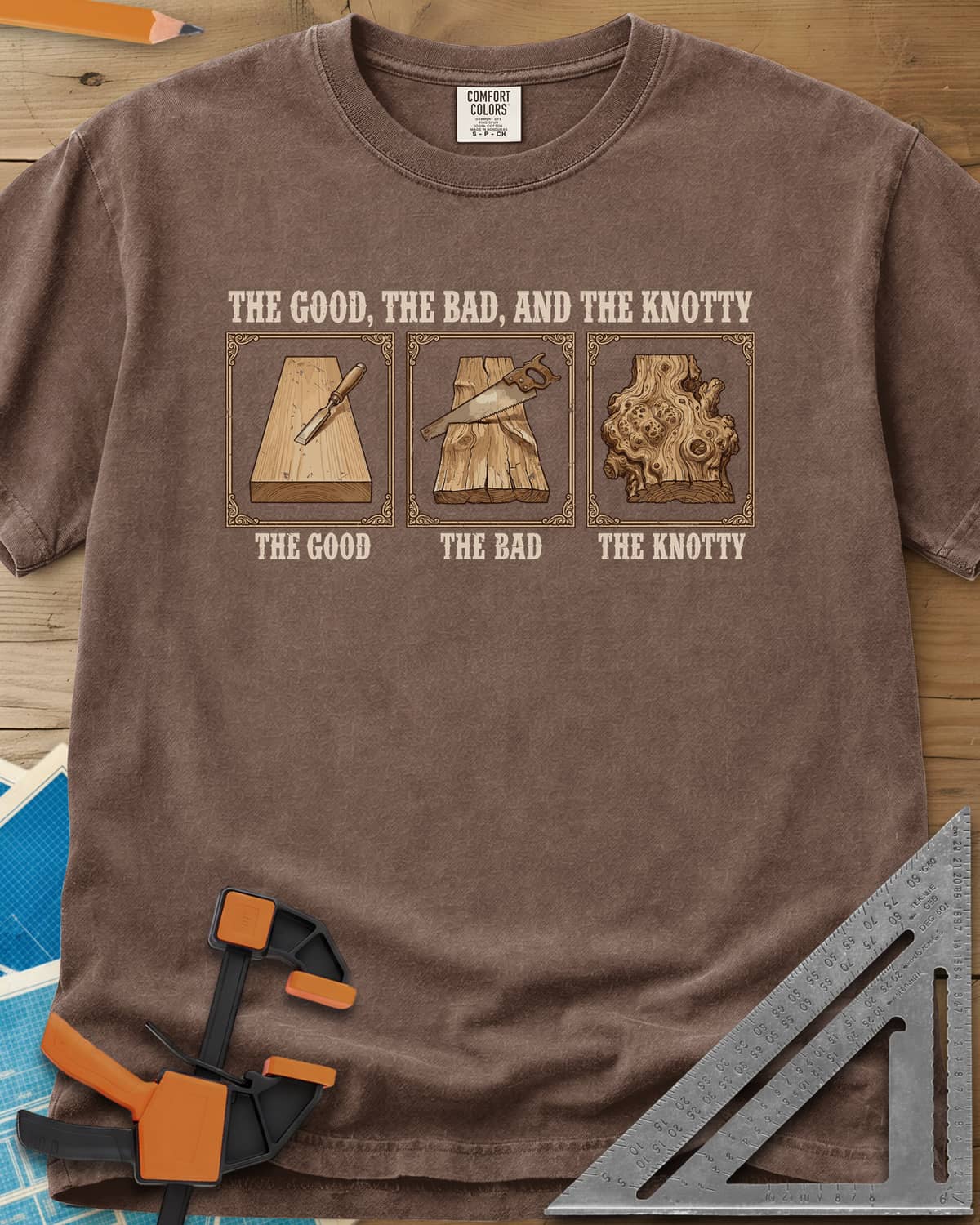 The Good, The Bad, And The Knotty heavyweight tee in Espresso, three framed boards: a clean one, a rough one, a gnarled burl