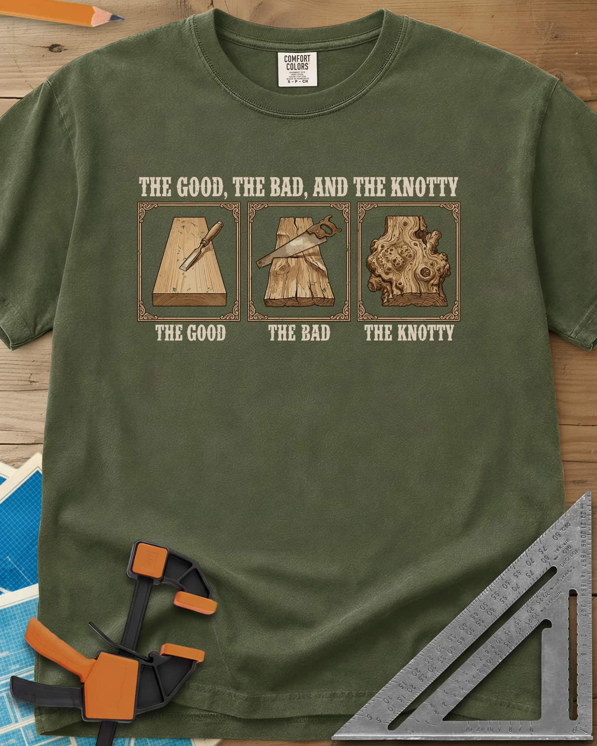 The Good, The Bad, And The Knotty heavyweight tee in Hemp, three framed boards: a clean one, a rough one, a gnarled burl