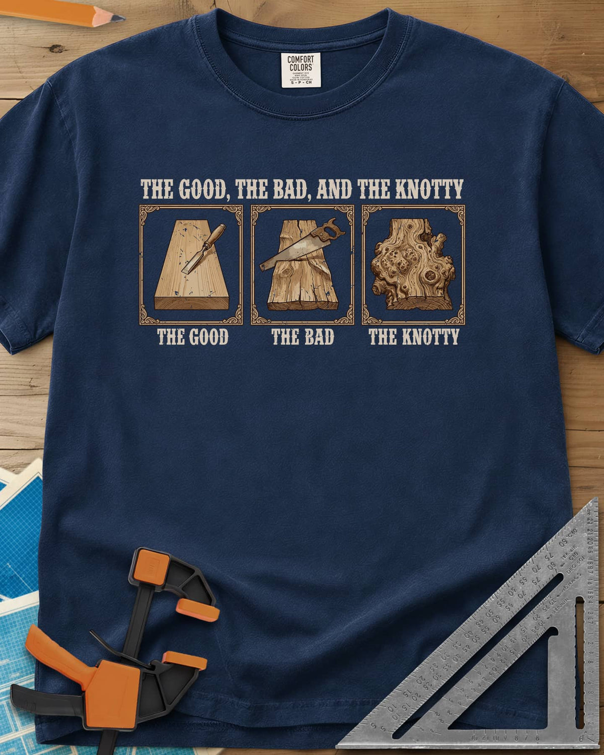 The Good, The Bad, And The Knotty heavyweight tee in Navy, three framed boards: a clean one, a rough one, a gnarled burl