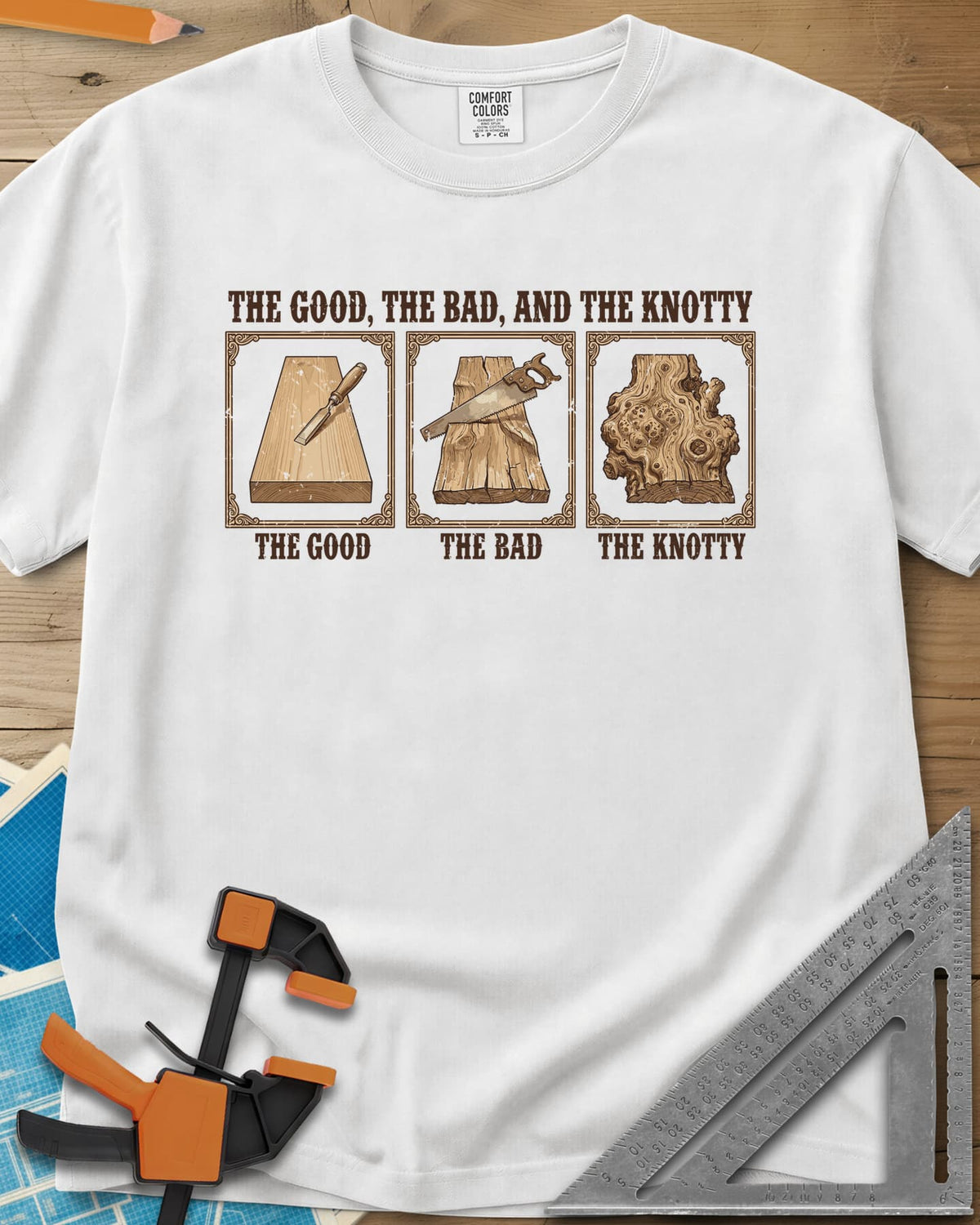 The Good, The Bad, And The Knotty heavyweight tee in White, three framed boards: a clean one, a rough one, a gnarled burl