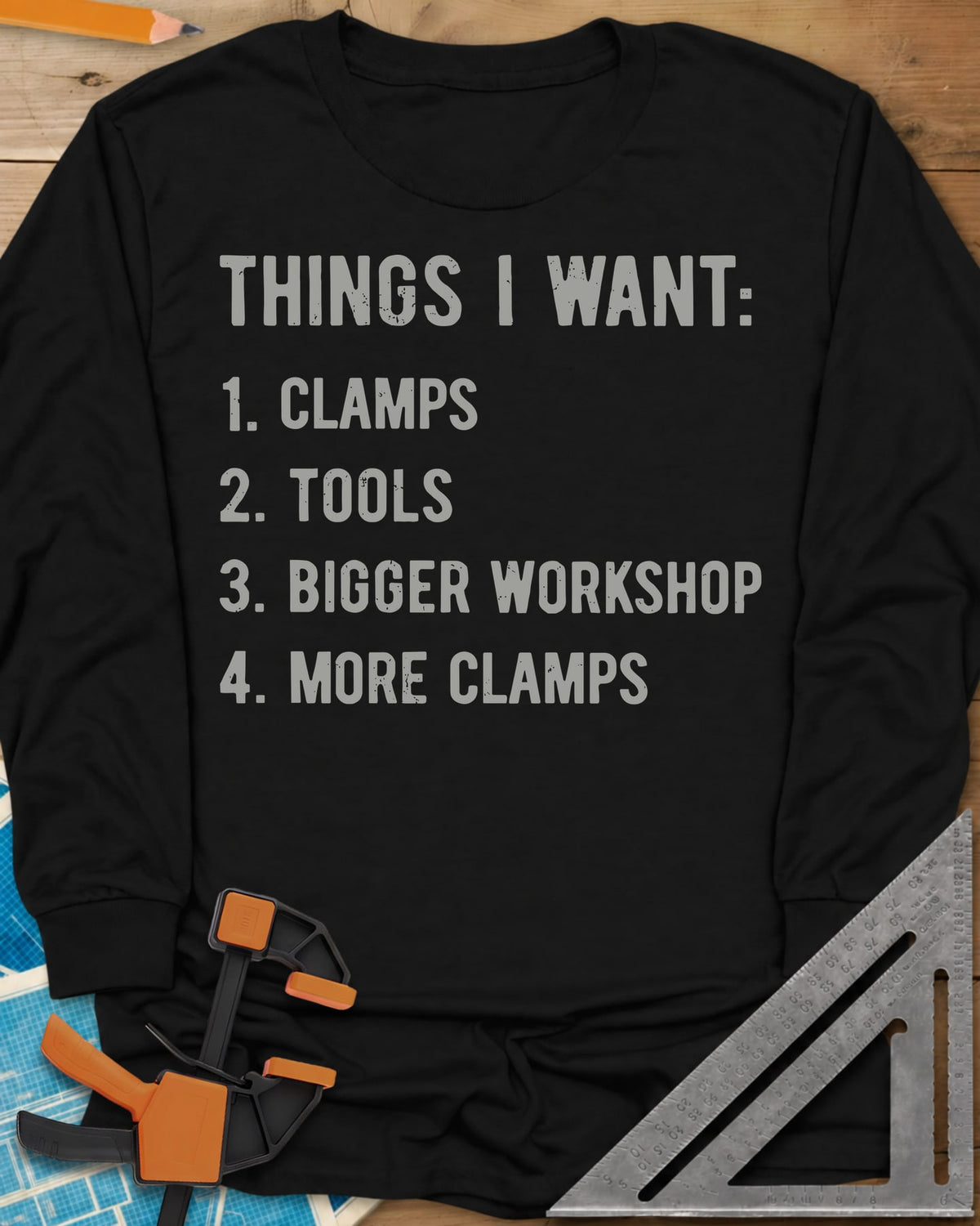 Things I Want Clamps long sleeve shirt in Black, a plain numbered wish list in worn capitals