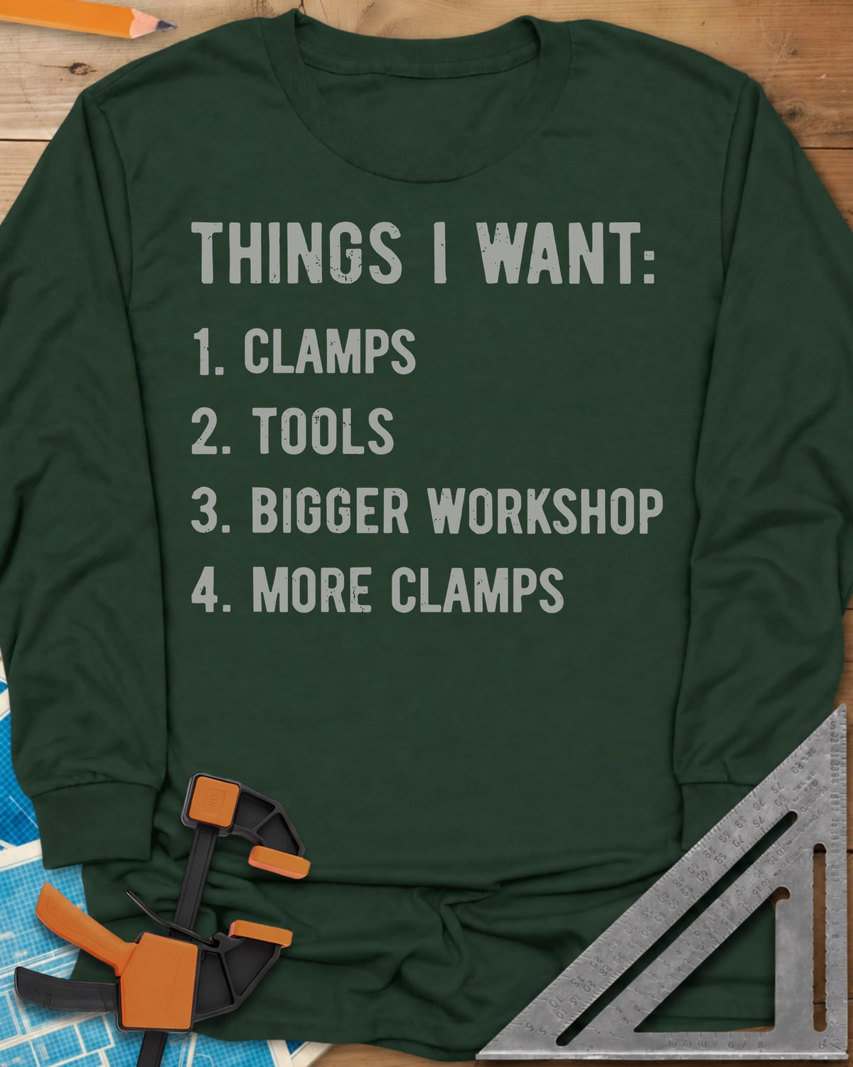 Things I Want Clamps long sleeve shirt in Forest Green, a plain numbered wish list in worn capitals