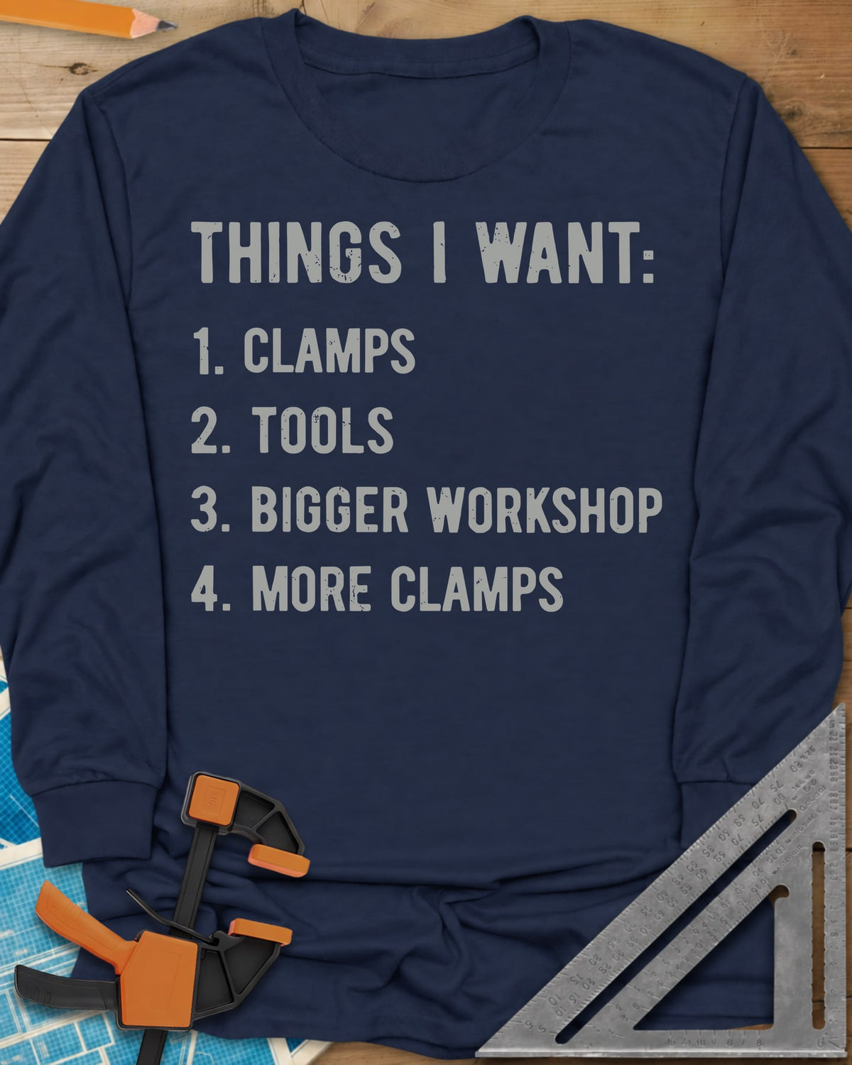 Things I Want Clamps long sleeve shirt in Navy, a plain numbered wish list in worn capitals
