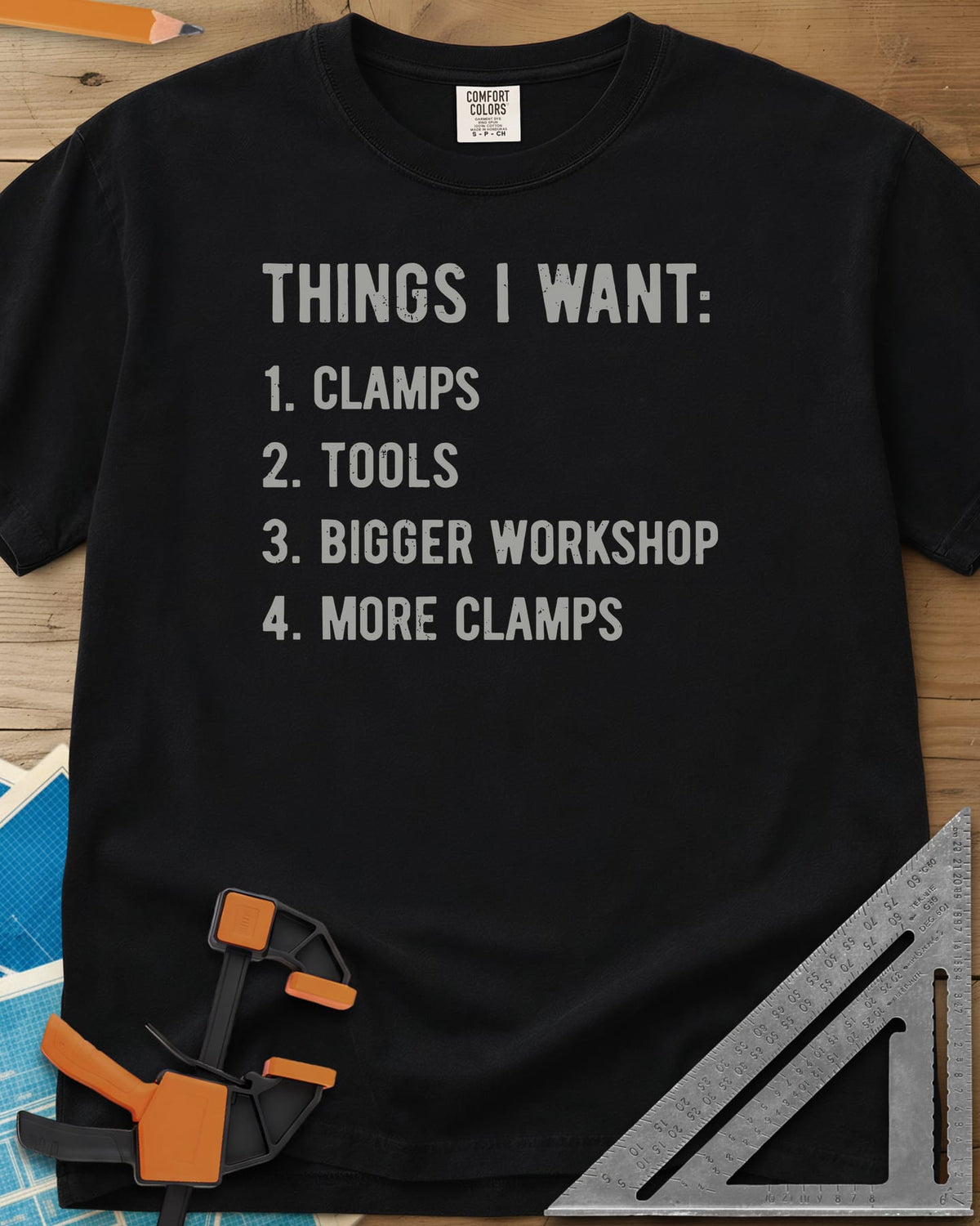 Things I Want Clamps heavyweight tee in Black, a plain numbered wish list in worn capitals