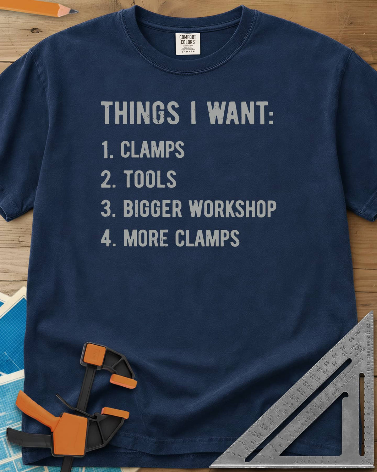 Things I Want Clamps heavyweight tee in Navy, a plain numbered wish list in worn capitals