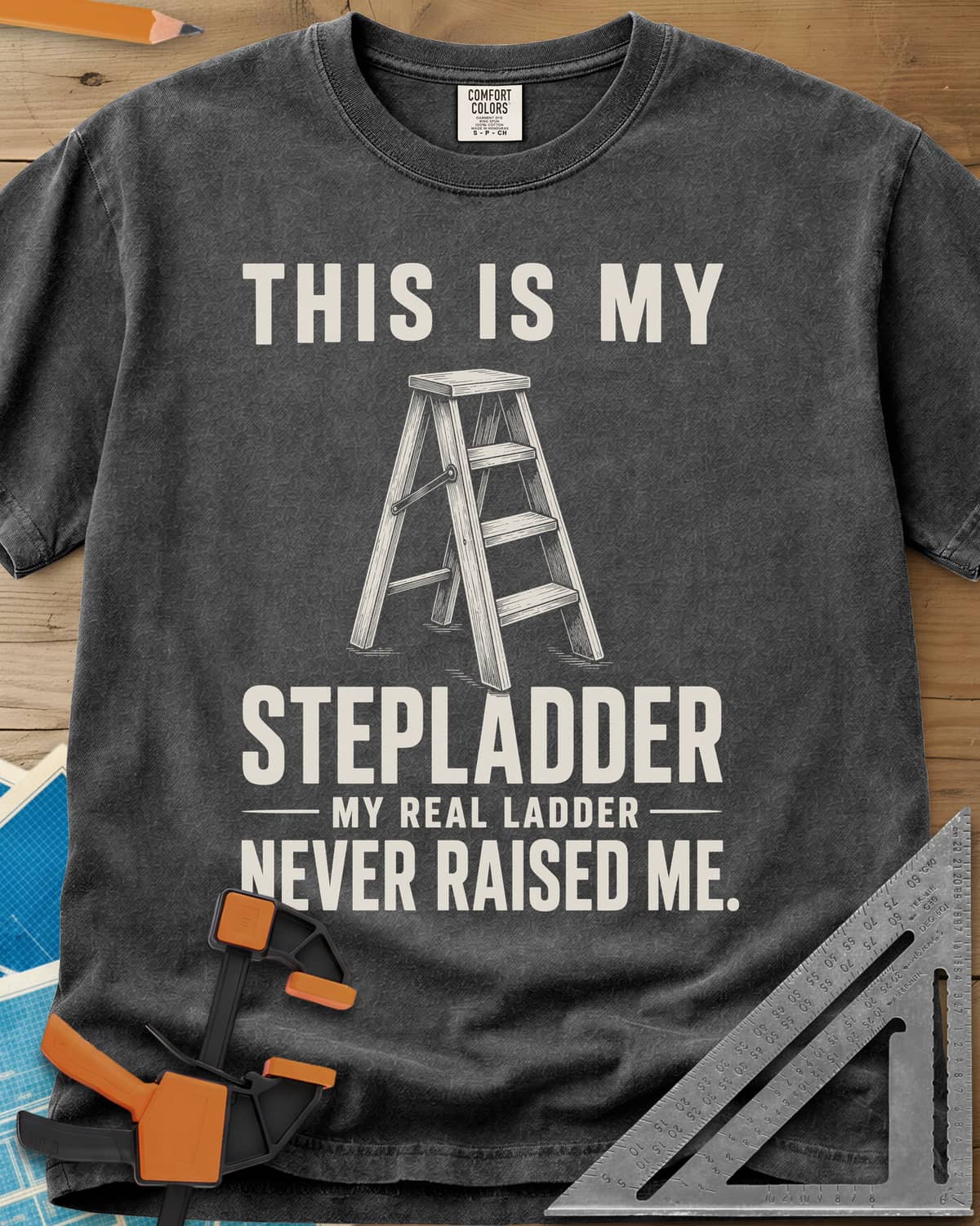 This Is My Stepladder heavyweight tee in Pepper, a sketched wooden stepladder between lines of bold text