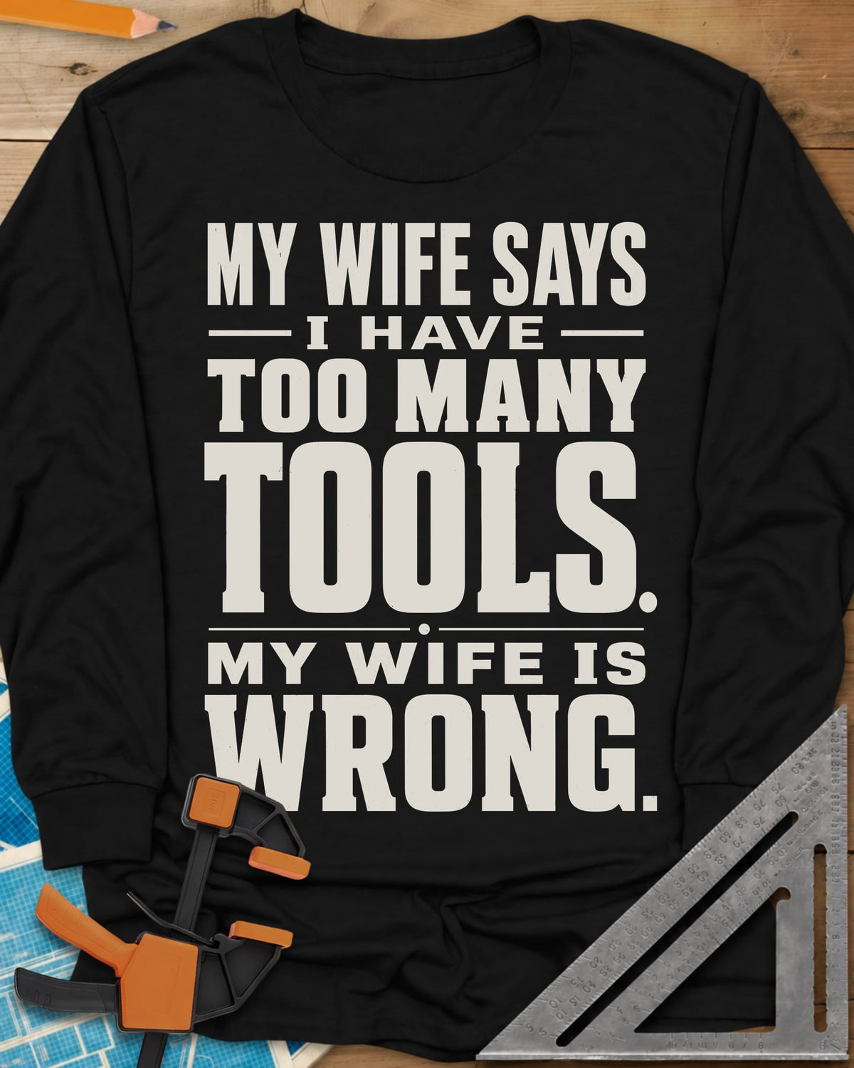Too Many Tools long sleeve shirt in Black, stacked slab-serif capitals with thin dividing rules