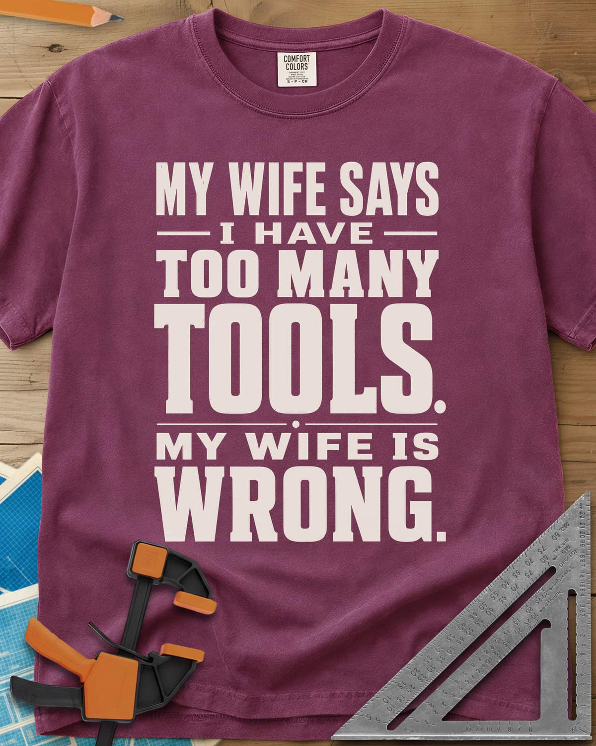 Too Many Tools heavyweight tee in Berry, stacked slab-serif capitals with thin dividing rules
