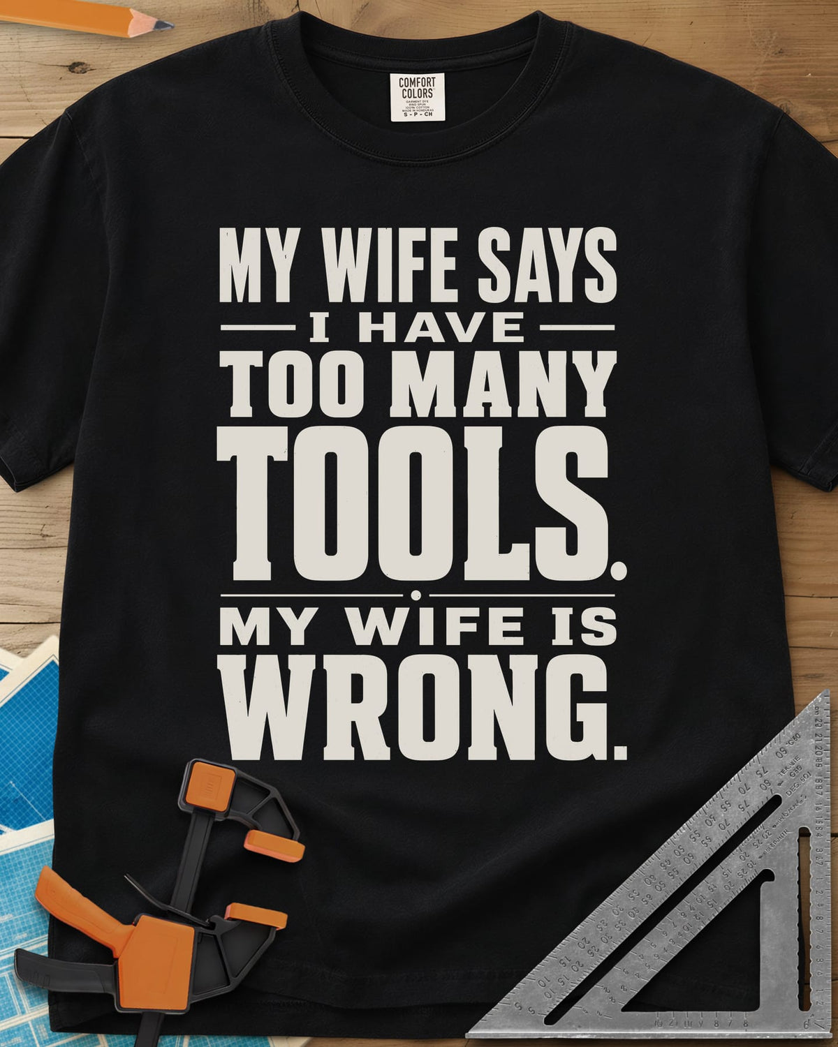 Too Many Tools heavyweight tee in Black, stacked slab-serif capitals with thin dividing rules