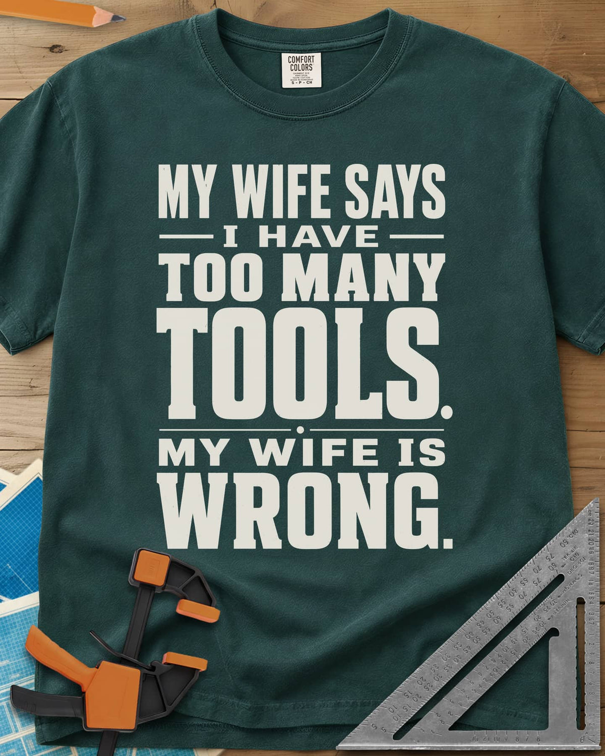 Too Many Tools heavyweight tee in Blue Spruce, stacked slab-serif capitals with thin dividing rules