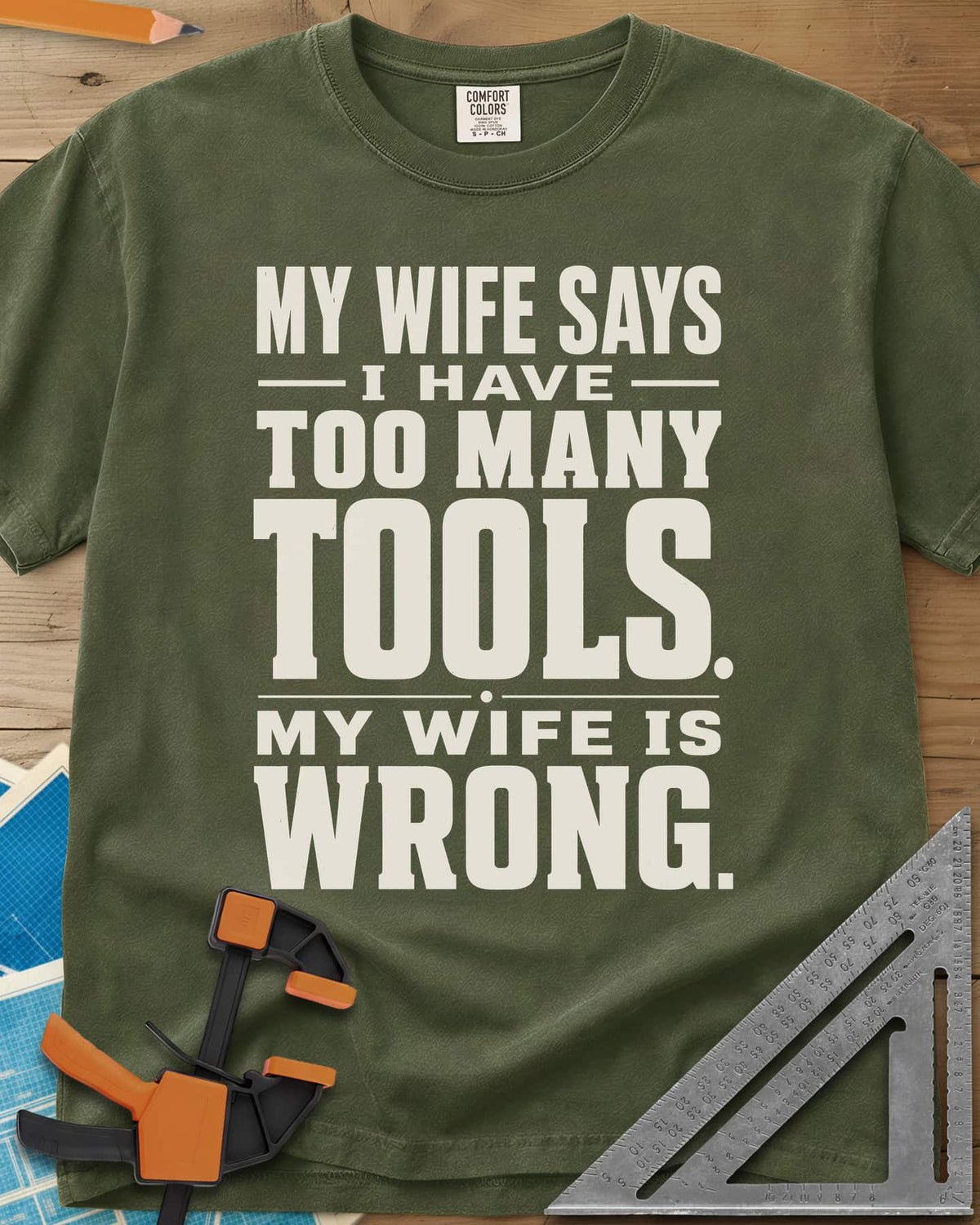 Too Many Tools heavyweight tee in Hemp, stacked slab-serif capitals with thin dividing rules