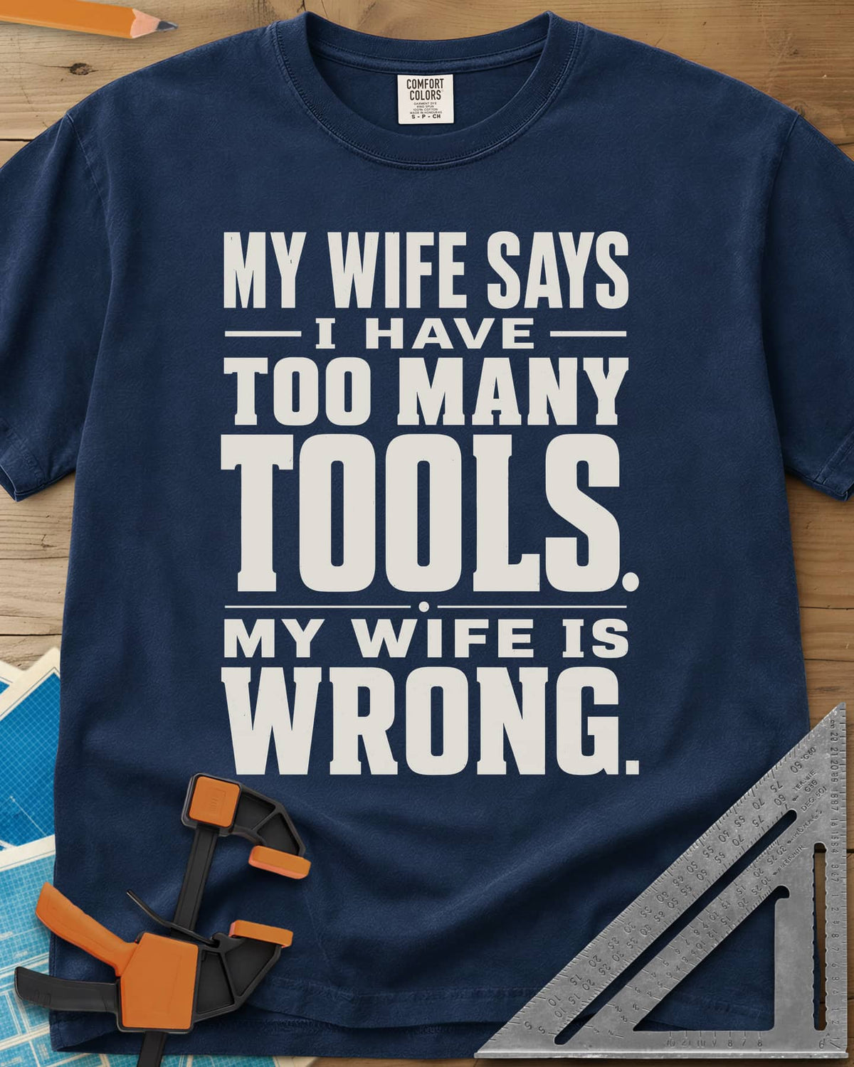 Too Many Tools heavyweight tee in Navy, stacked slab-serif capitals with thin dividing rules